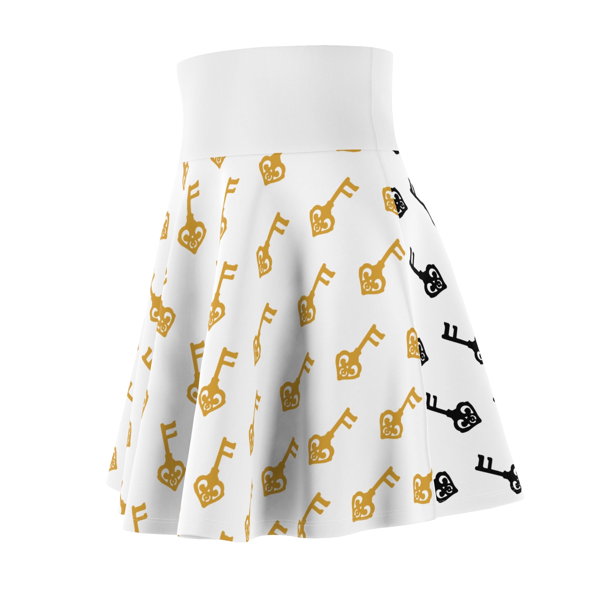 White Golden Key & Black Key Skater Skirt — Gold & Black Women's Skirt