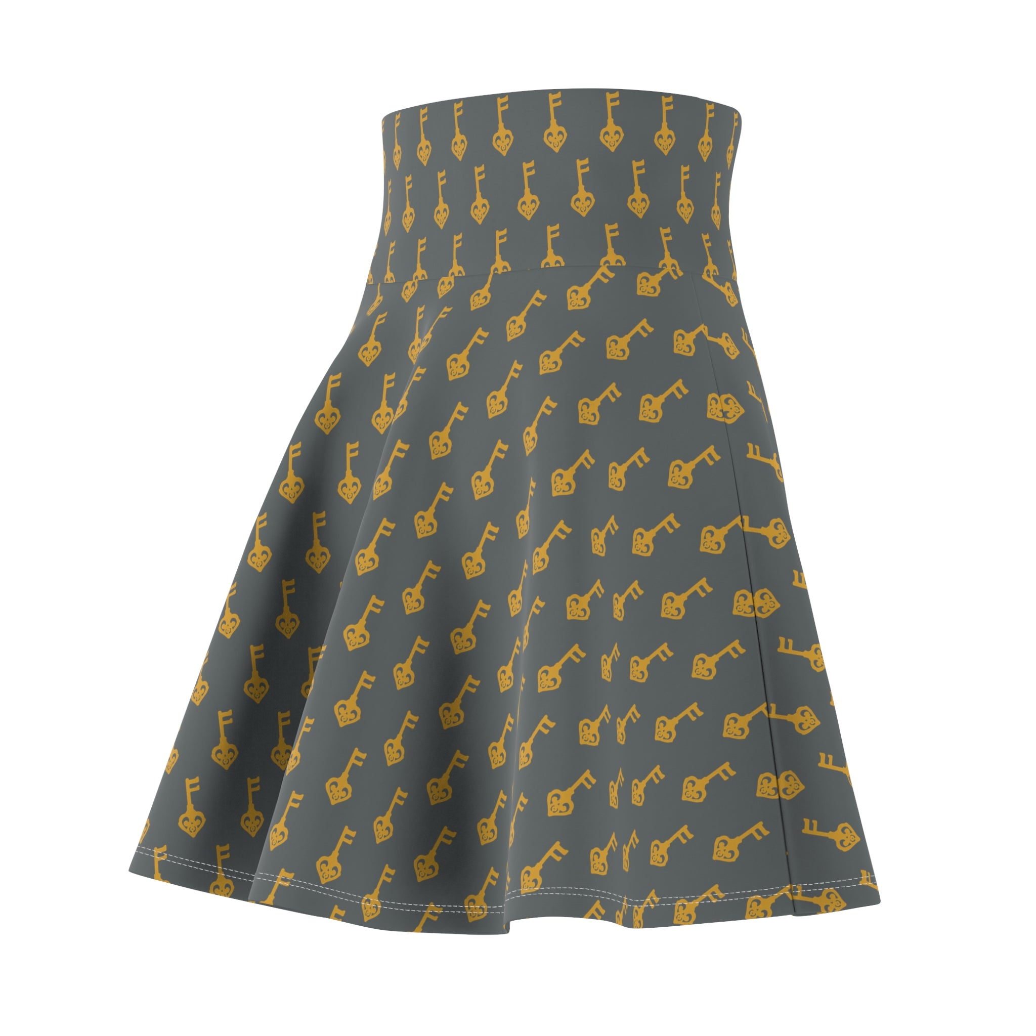 Grey Golden Key Skater Skirt — Vintage Key print Women's Skirt