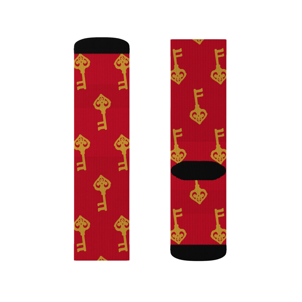 Ruby Red Golden Key Sublimation Socks —Ruby Red Novelty Crew Socks