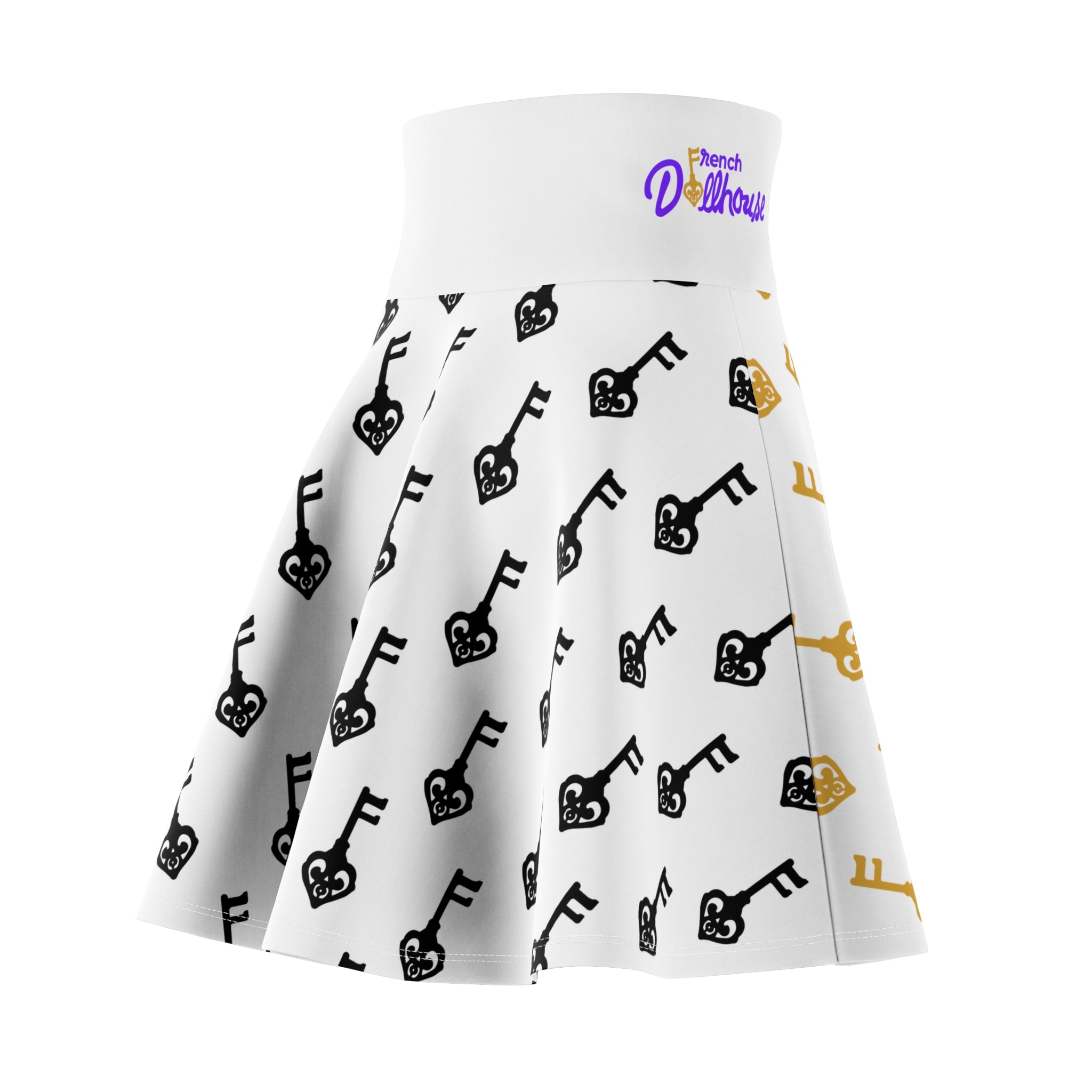 White Golden Key & Black Key Skater Skirt — Gold & Black Women's Skirt
