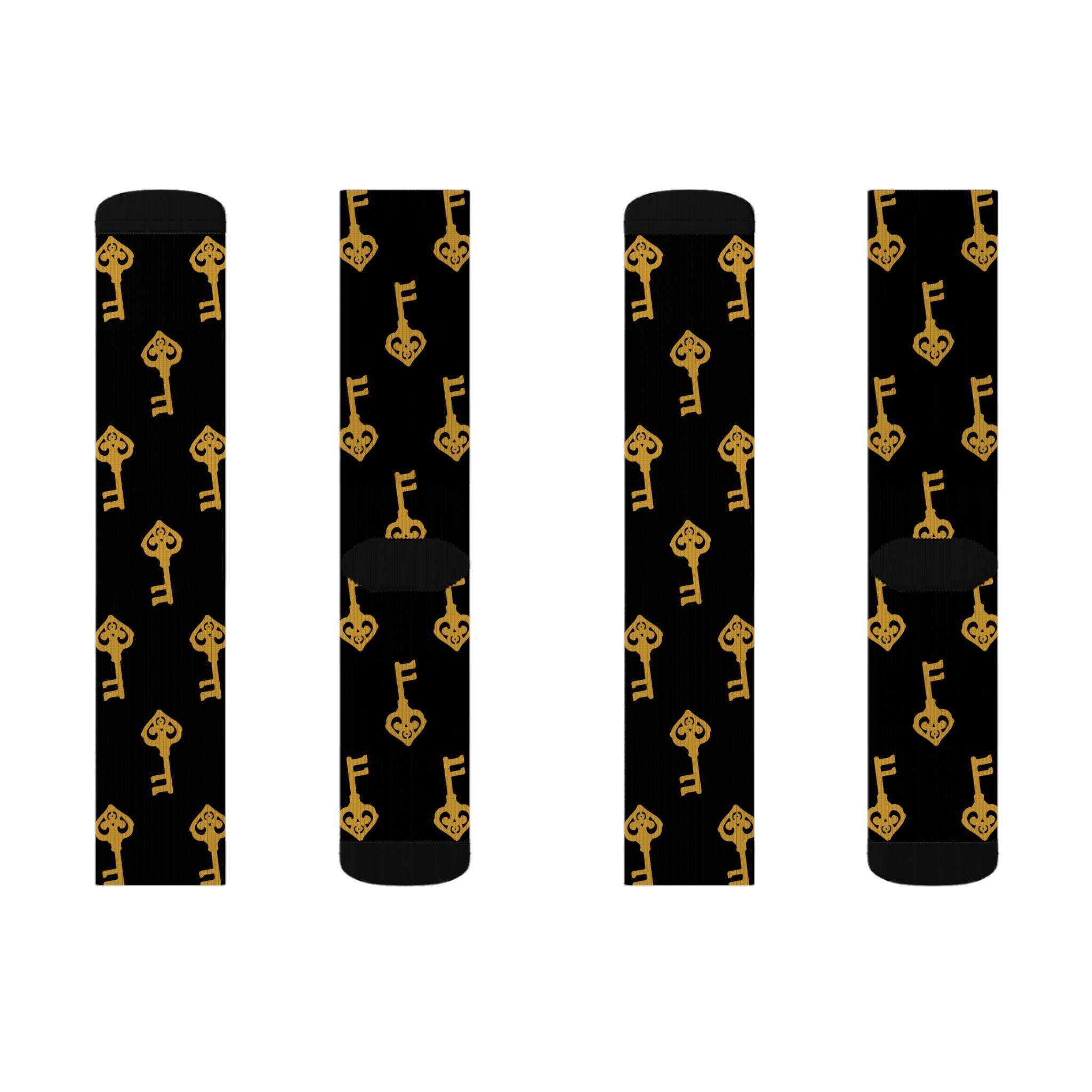 Black Golden Key Sublimation Socks — Black & Gold Vintage Key Crew Socks