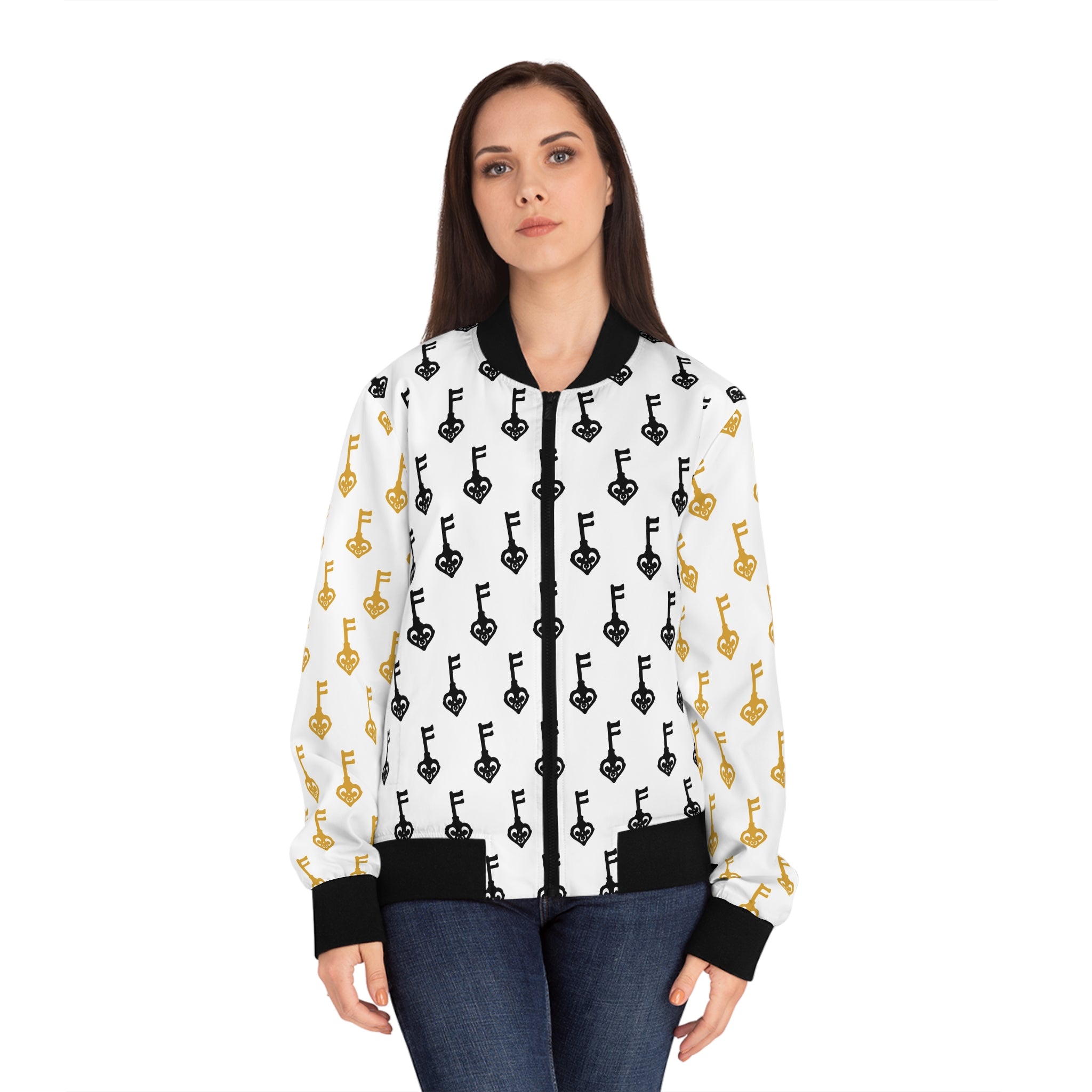 White Black & Golden Key Women's Bomber Jacket