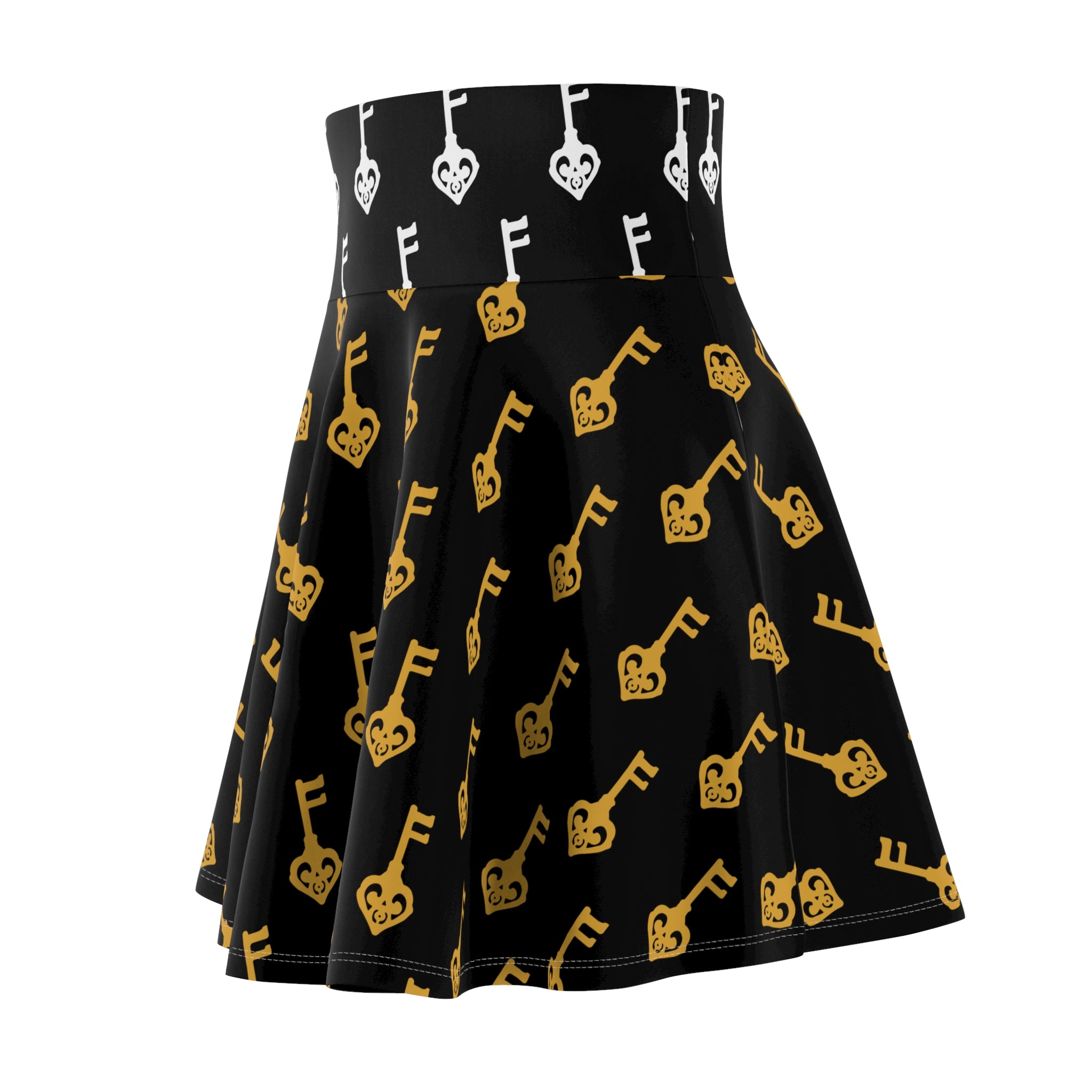 Black Golden Key+ White Key Skater Skirt — Black, White & Gold
