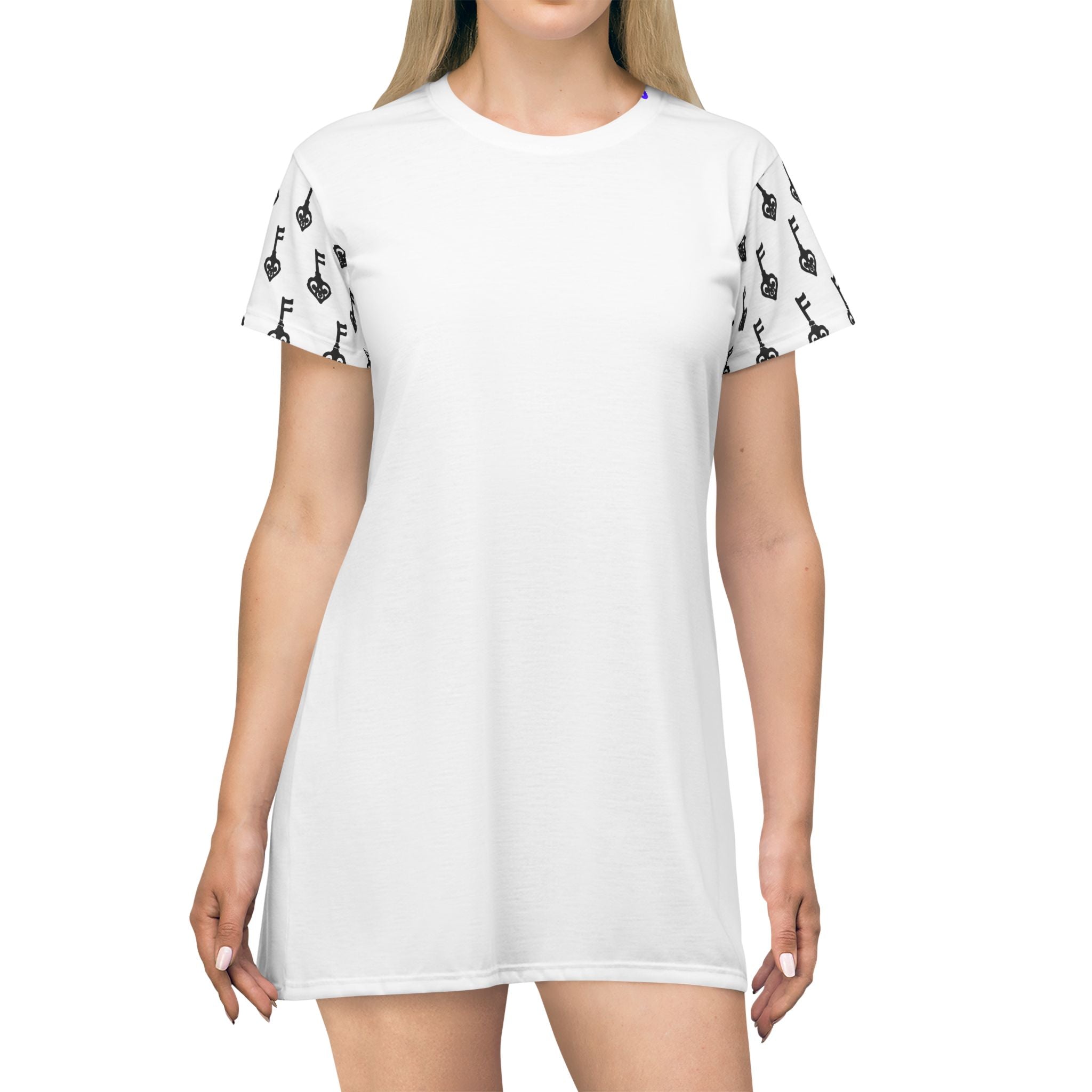 White Golden Key & Black Key T-Shirt Dress — Casual Mini Dress