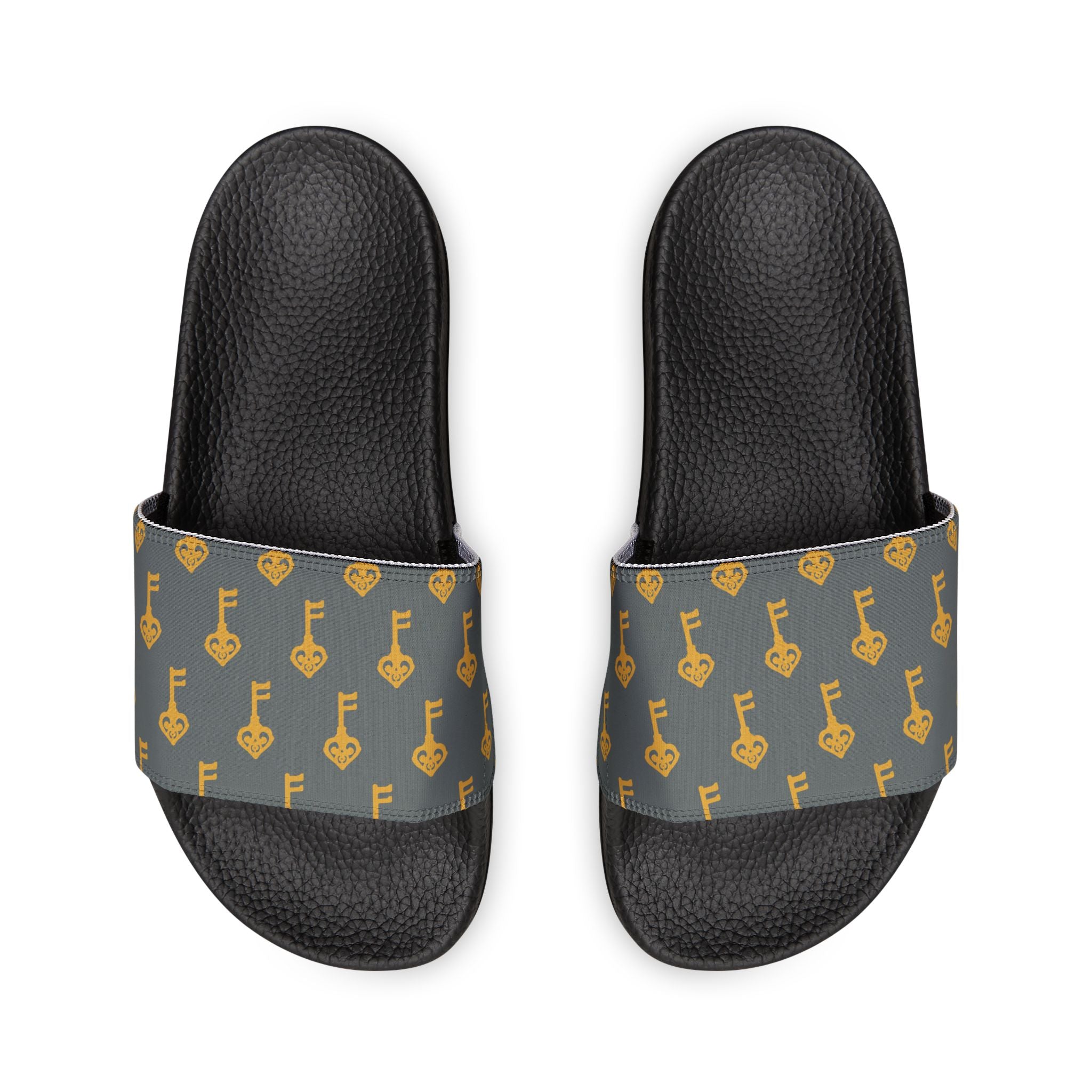 Grey Golden Key Pattern Slide Sandals — Women's Removable-strap Pool Slides
