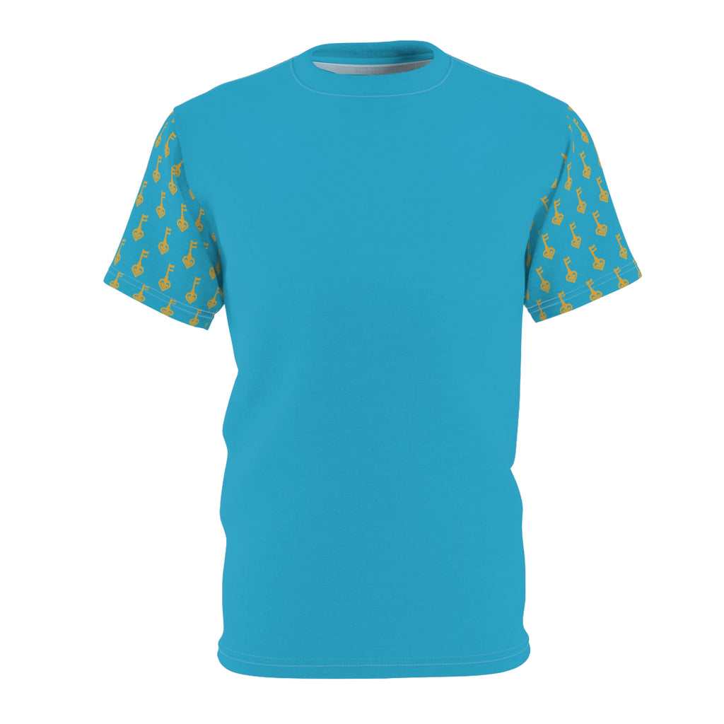 Turquoise Tee with Golden Key Sleeve Pattern