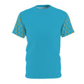 Turquoise Tee with Golden Key Sleeve Pattern