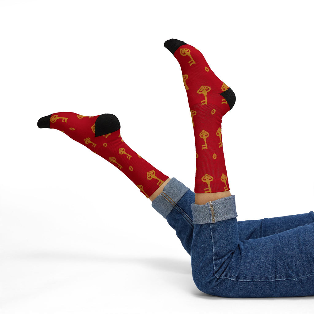 Ruby Red Golden Key Sublimation Socks —Ruby Red Novelty Crew Socks
