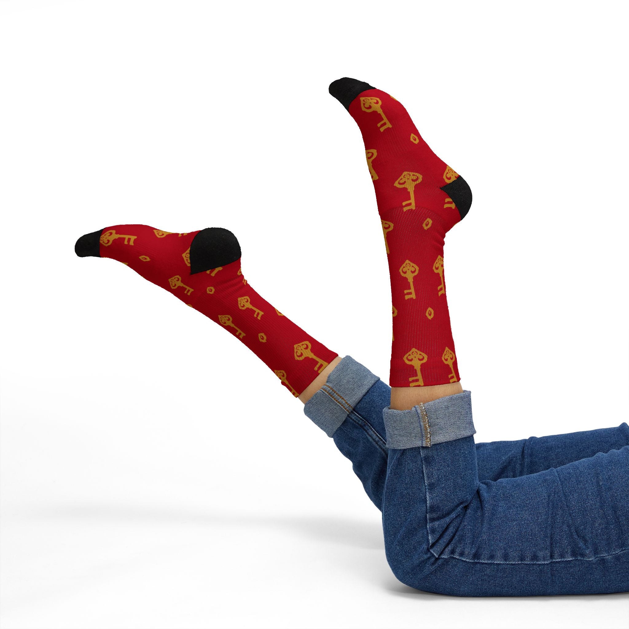 Ruby Red Golden Key Sublimation Socks —Ruby Red Novelty Crew Socks