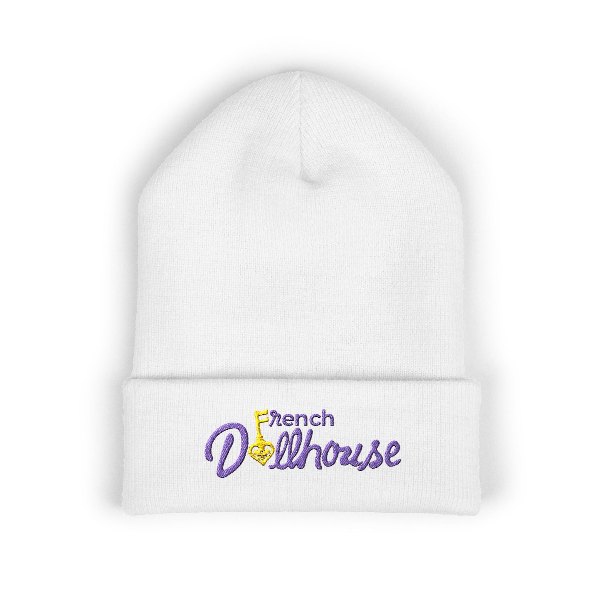 White Embroidered 'French Dollhouse' Cuffed Beanie — Cozy Knit Hat