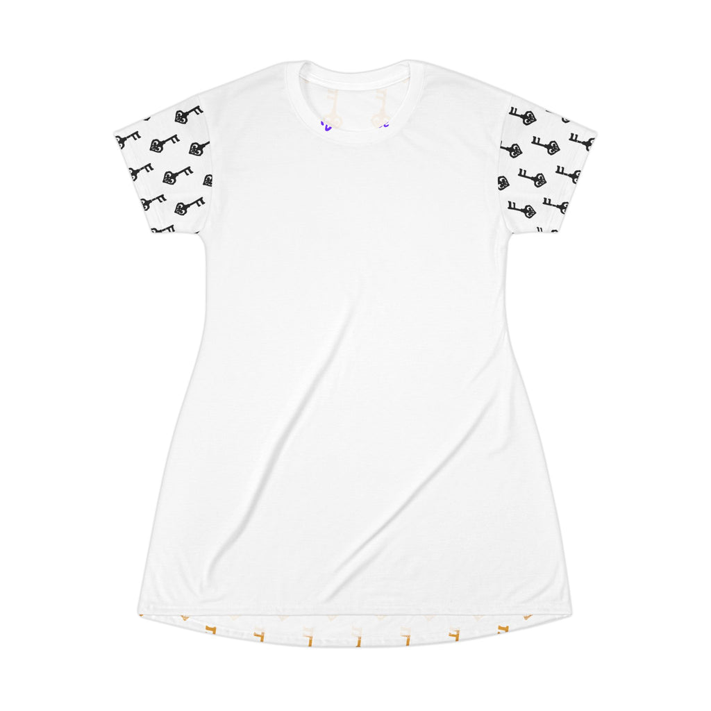 White Golden Key & Black Key T-Shirt Dress — Casual Mini Dress