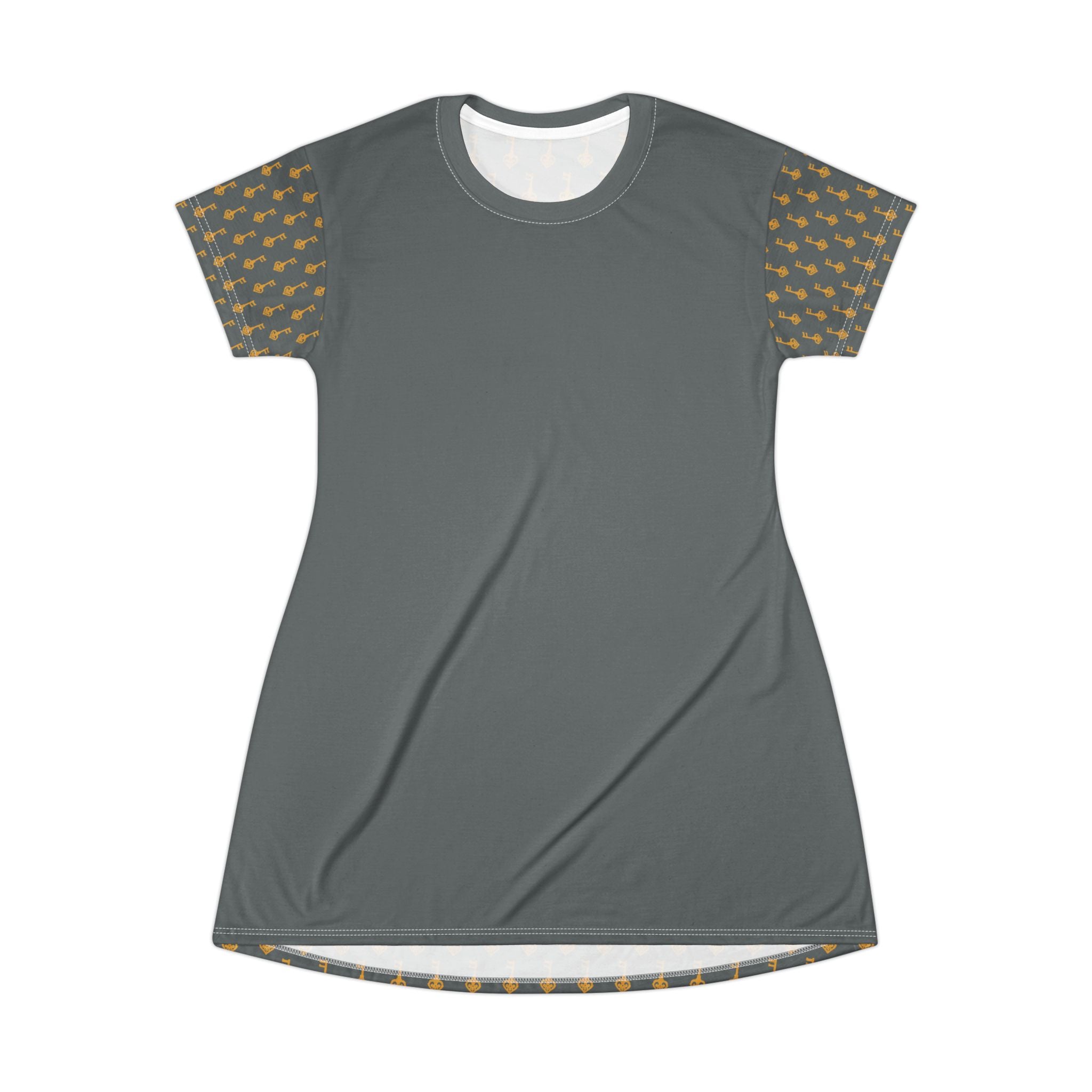 Golden Key Pattern T-Shirt Dress — Grey & Gold Print