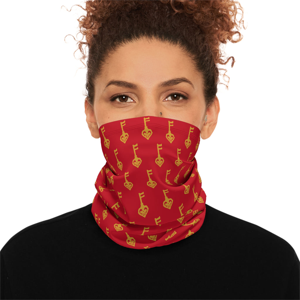 Ruby Red Golden Key Neck Gaiter — Cozy Drawstring Face Scarf