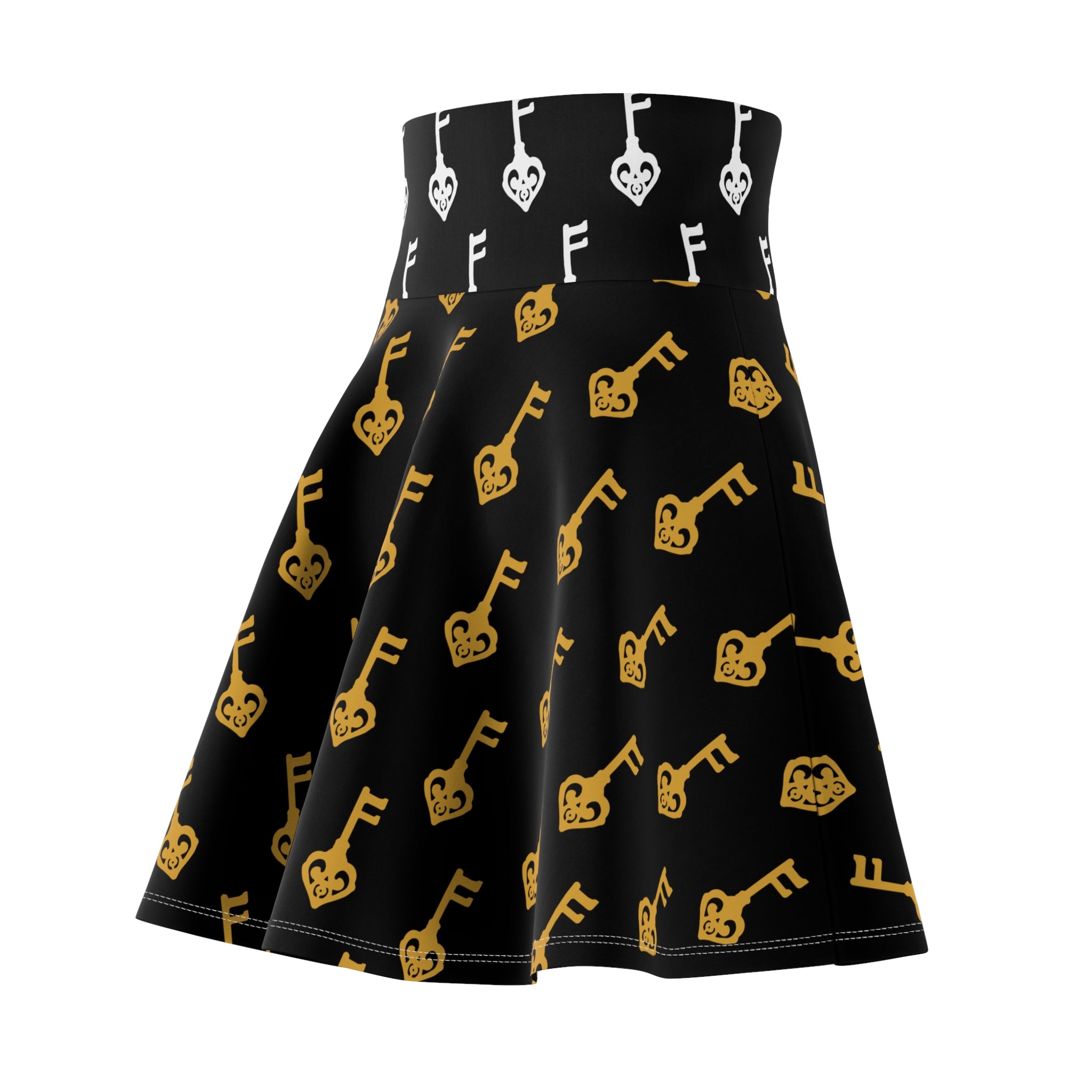 Black Golden Key+ White Key Skater Skirt — Black, White & Gold