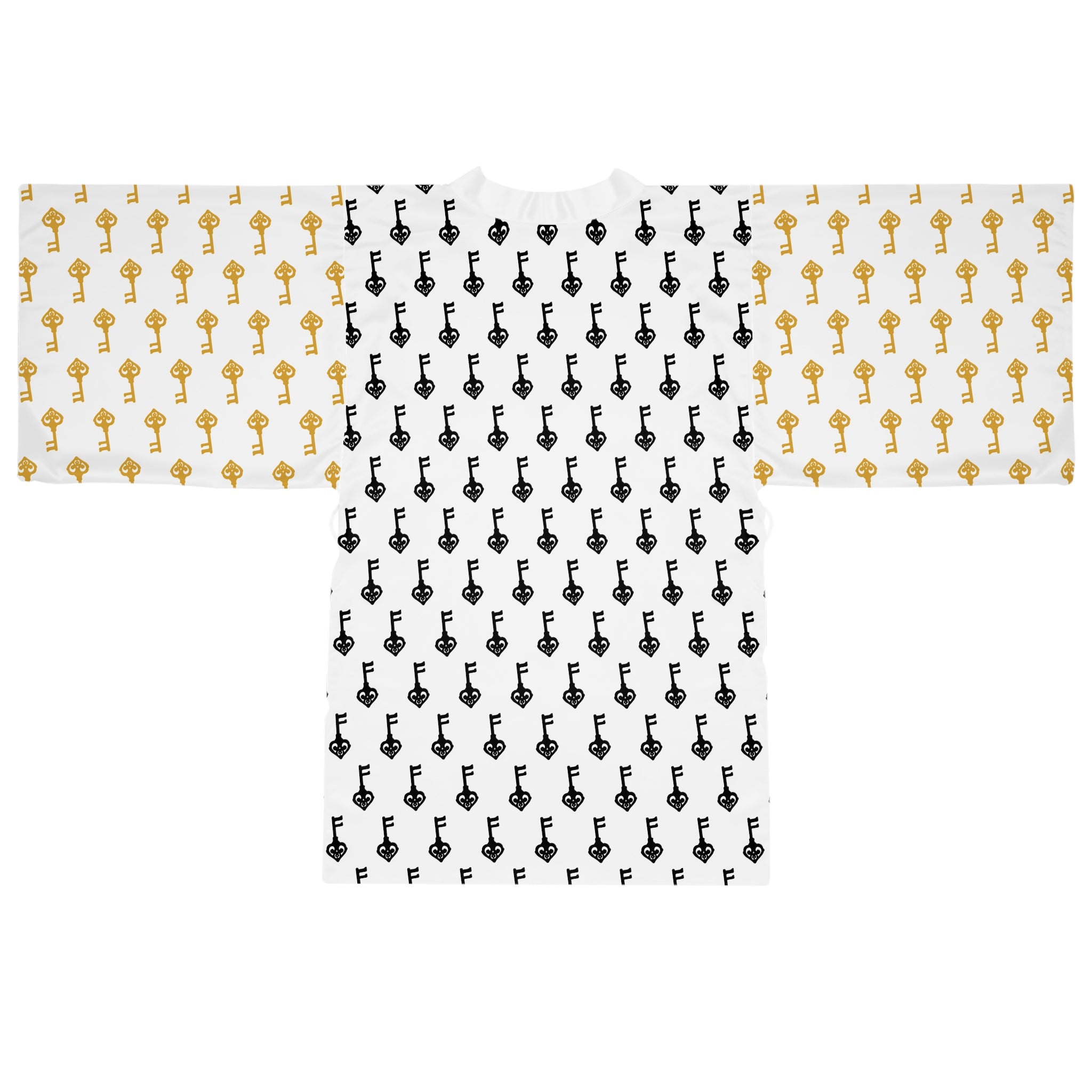 White Golden Key & Black Key Kimono Robe — Lightweight Lounge Wrap