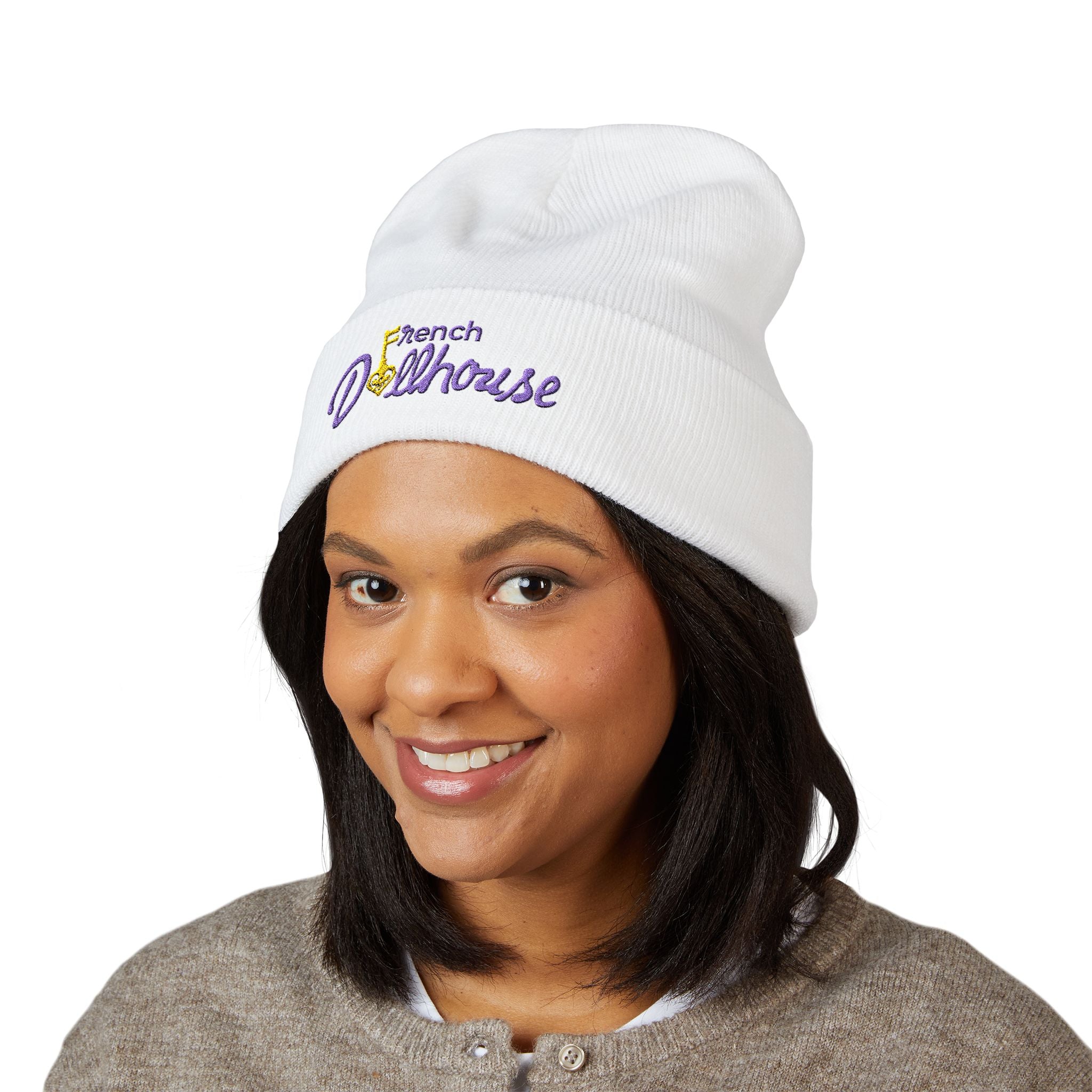 White Embroidered 'French Dollhouse' Cuffed Beanie — Cozy Knit Hat