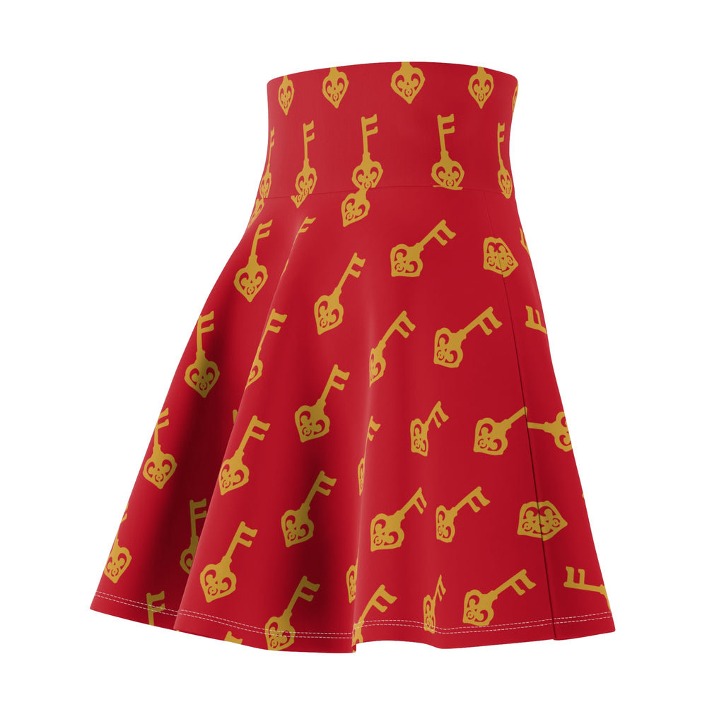Ruby Red Golden Key Skater Skirt — Romantic Gold Key Print