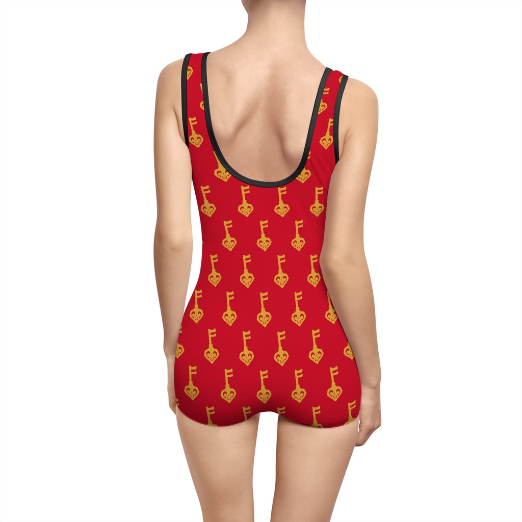 Vintage Key Pattern One-Piece Swimsuit — Ruby Red Retro Women's Swimwear