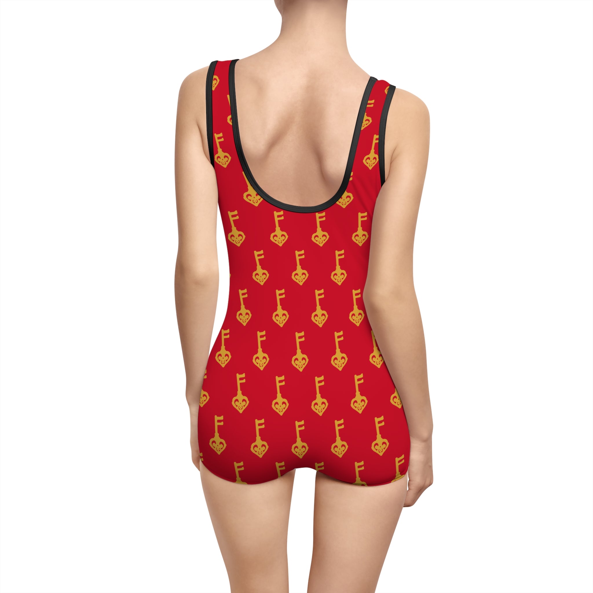 Vintage Key Pattern One-Piece Swimsuit — Ruby Red Retro Women's Swimwear