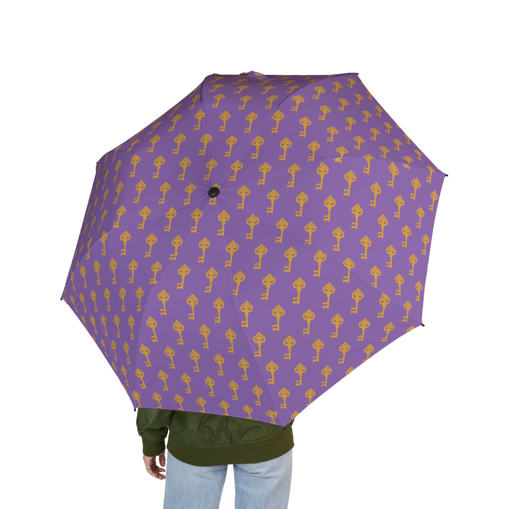 Purple Foldable Umbrella with Golden Key — Compact Semi-Automatic Rain Umbrella