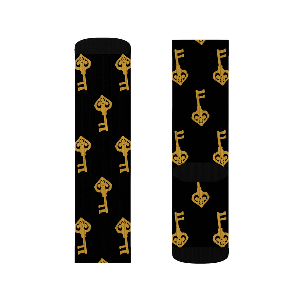 Black Golden Key Sublimation Socks — Black & Gold Vintage Key Crew Socks