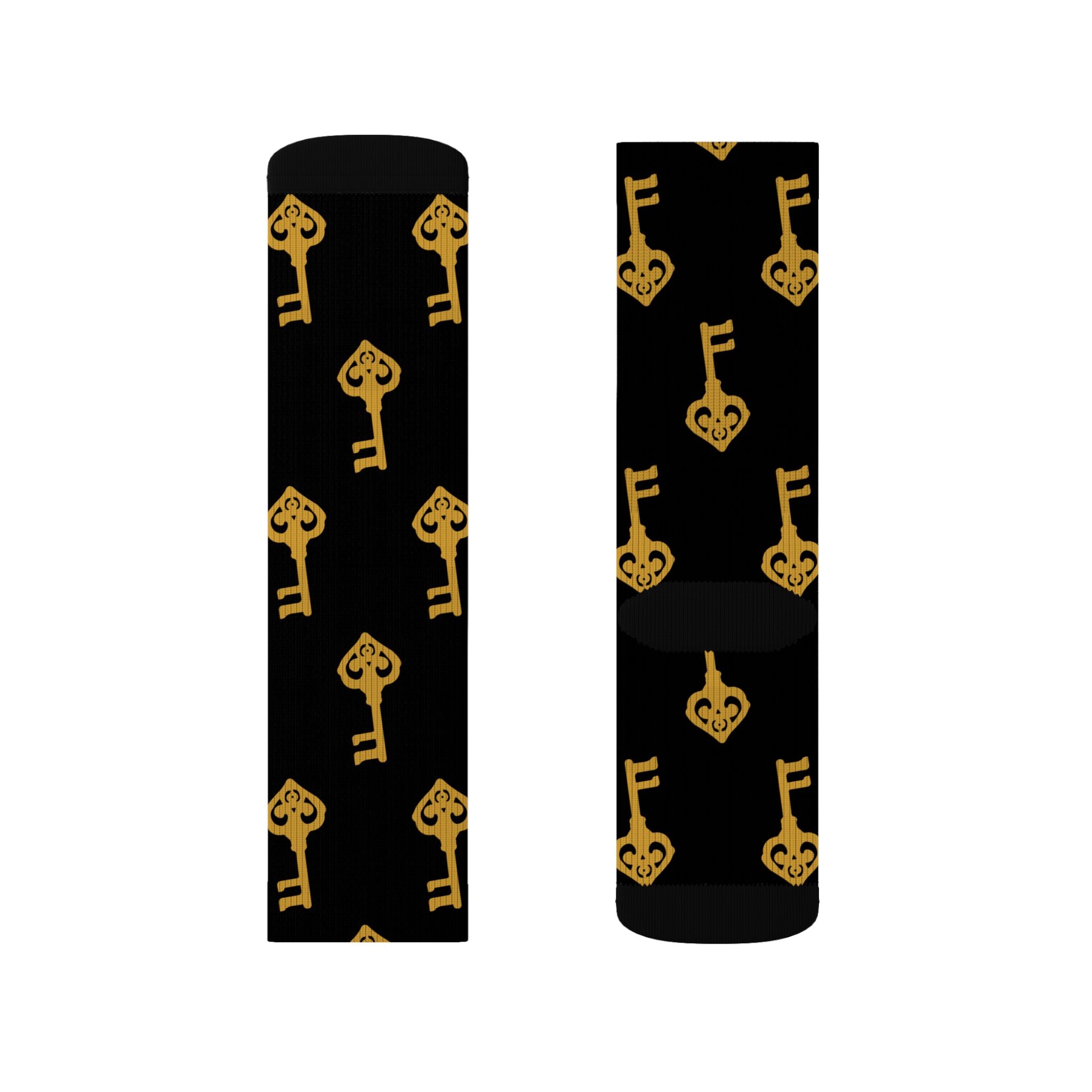 Black Golden Key Sublimation Socks — Black & Gold Vintage Key Crew Socks