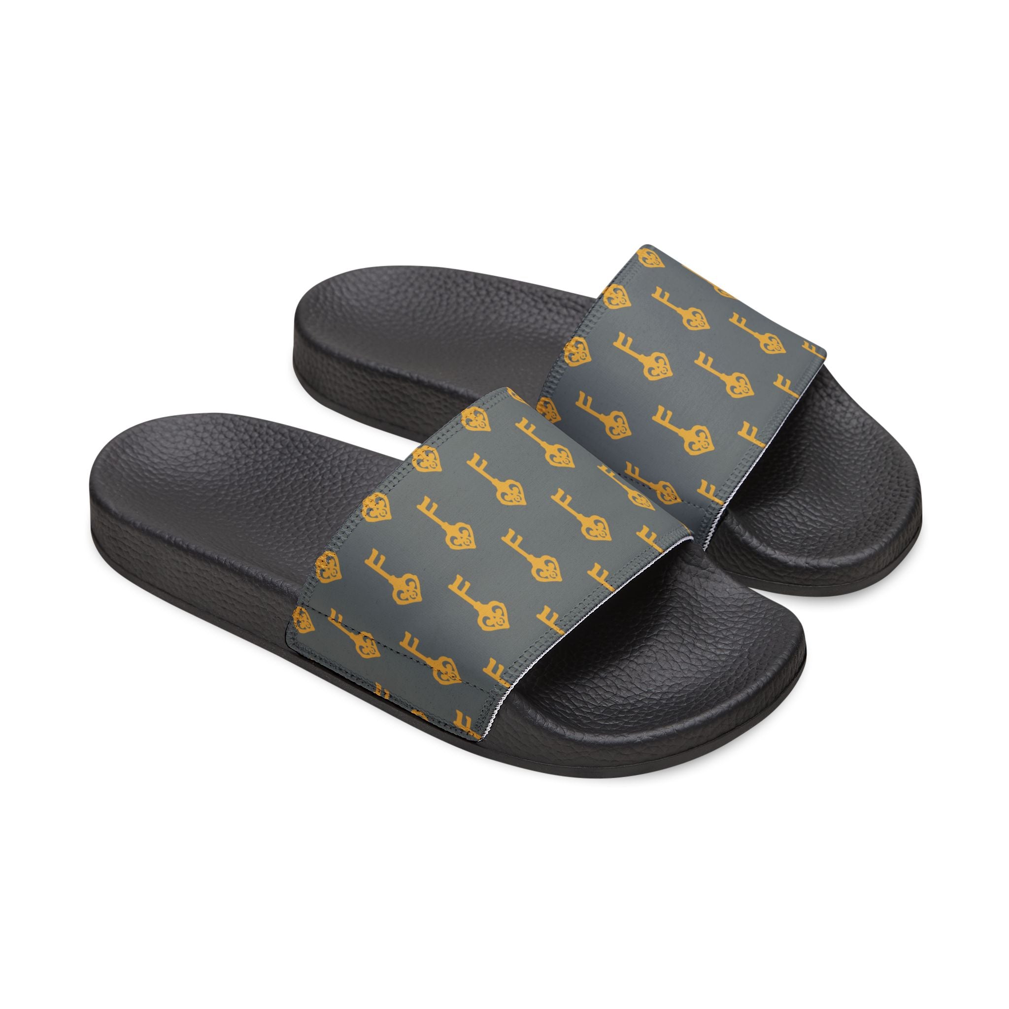 Grey Golden Key Pattern Slide Sandals — Women's Removable-strap Pool Slides