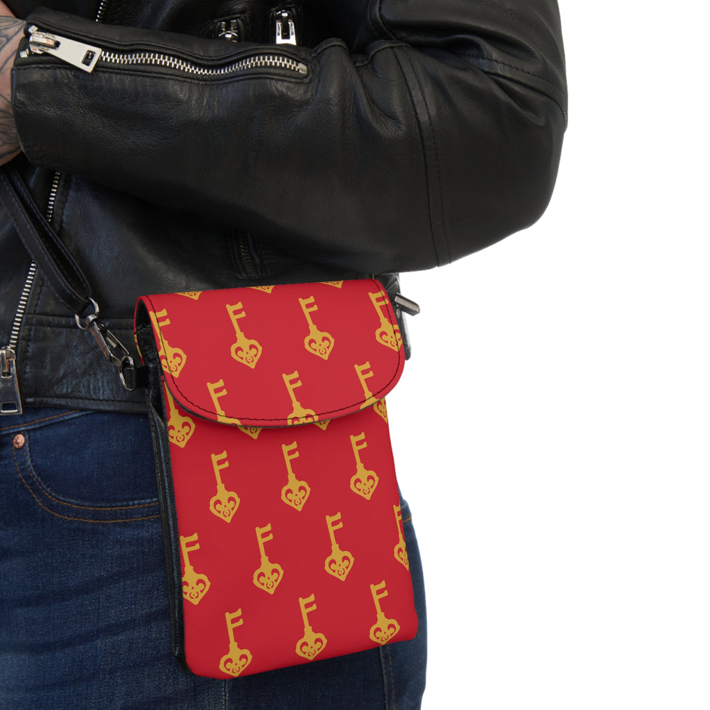 Ruby Red Golden Key Crossbody Phone Walle, Change Purse — Small Cell Phone Purse with Adjustable Strap