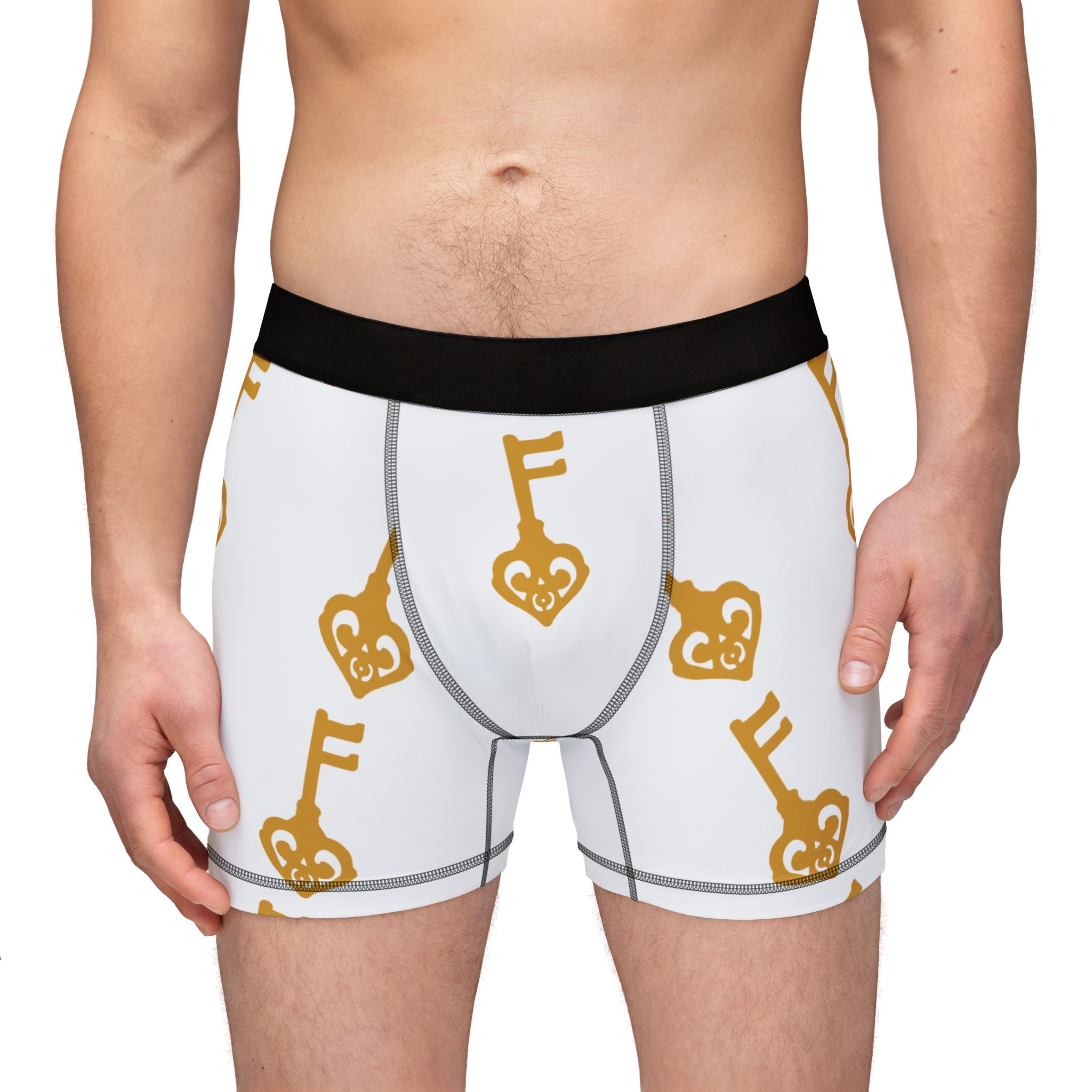 White Golden Key of Hearts Boxer Briefs — Men's Boxer Shorts