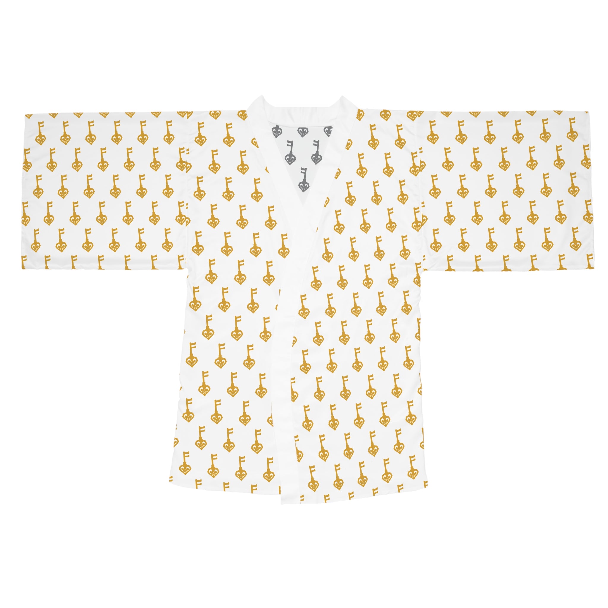 White Golden Key & Black Key Kimono Robe — Lightweight Lounge Wrap