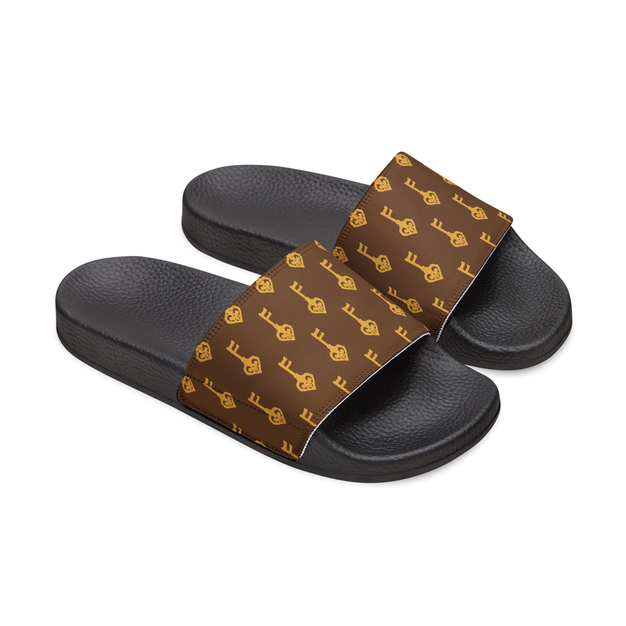 Brown Golden Key Slide Sandals — Removable Strap Casual Pool & Beach Slides