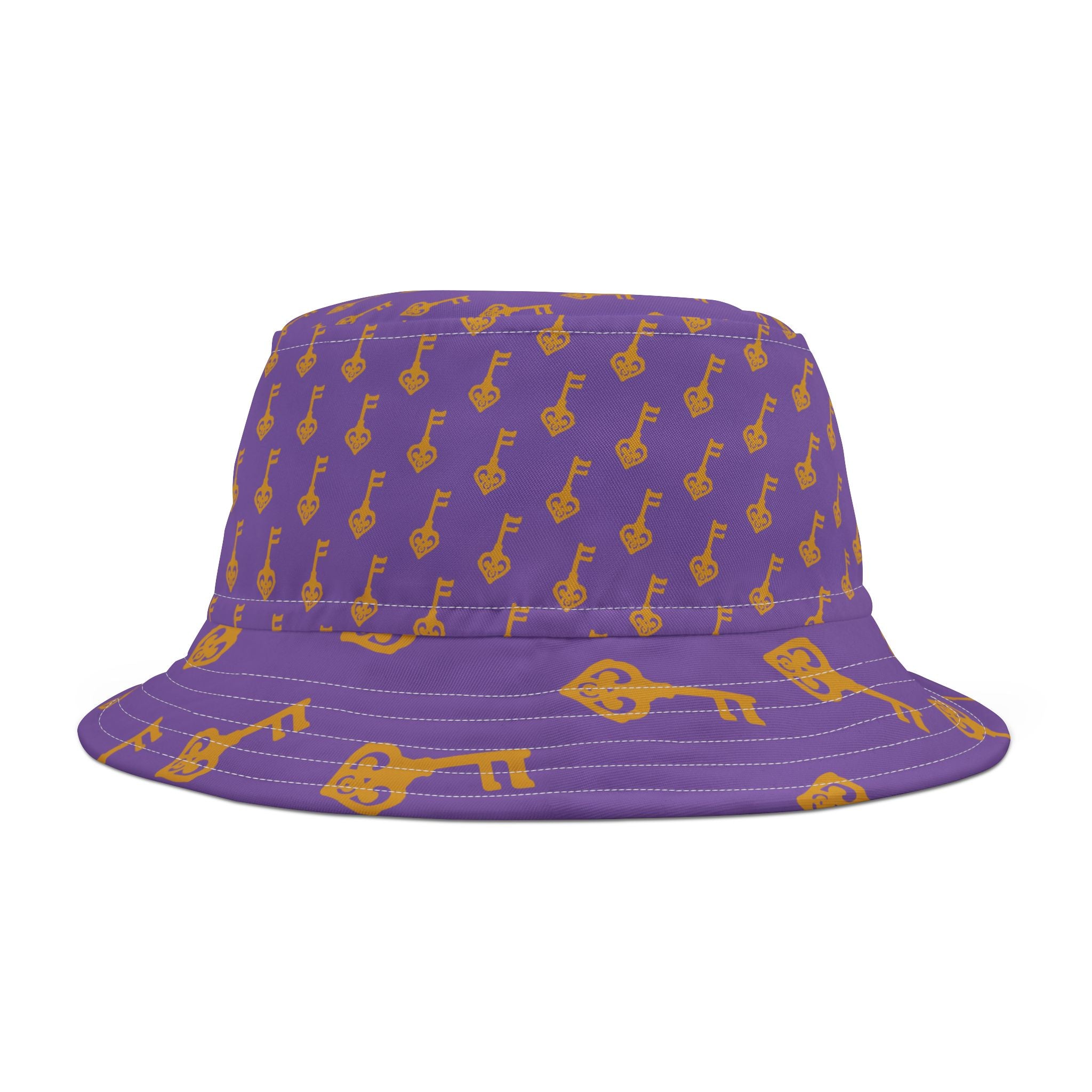 Purple Key Pattern Bucket Hat — Graphic All-Over-Golden Key  Hat