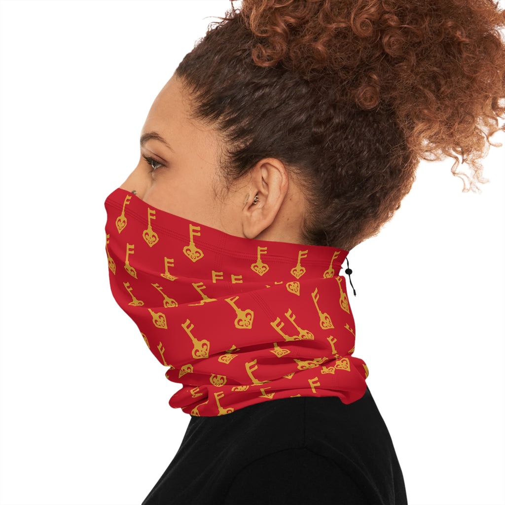 Ruby Red Golden Key Neck Gaiter — Cozy Drawstring Face Scarf
