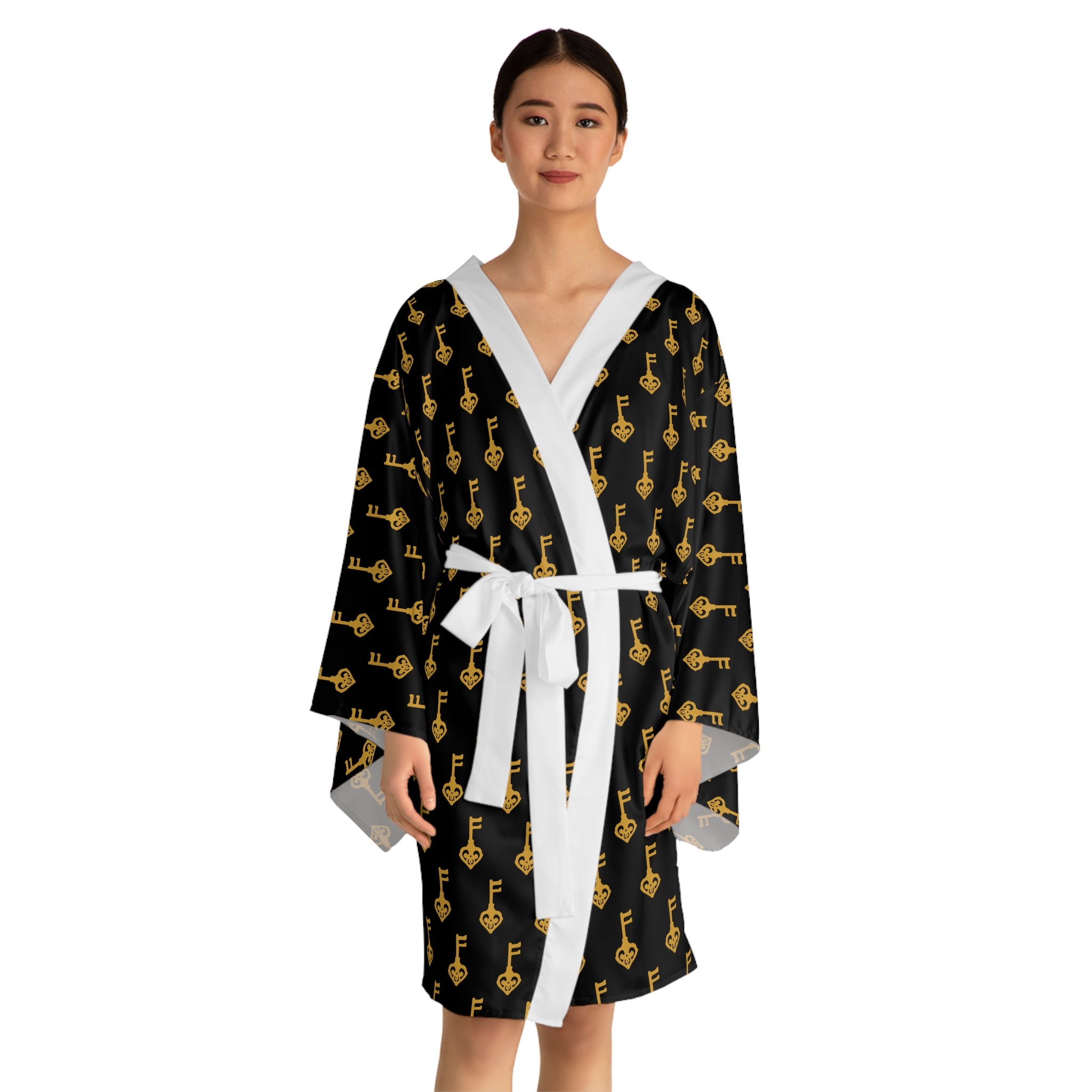 Black Kimono Robe with Golden Key — Luxurious Lounge Jacket