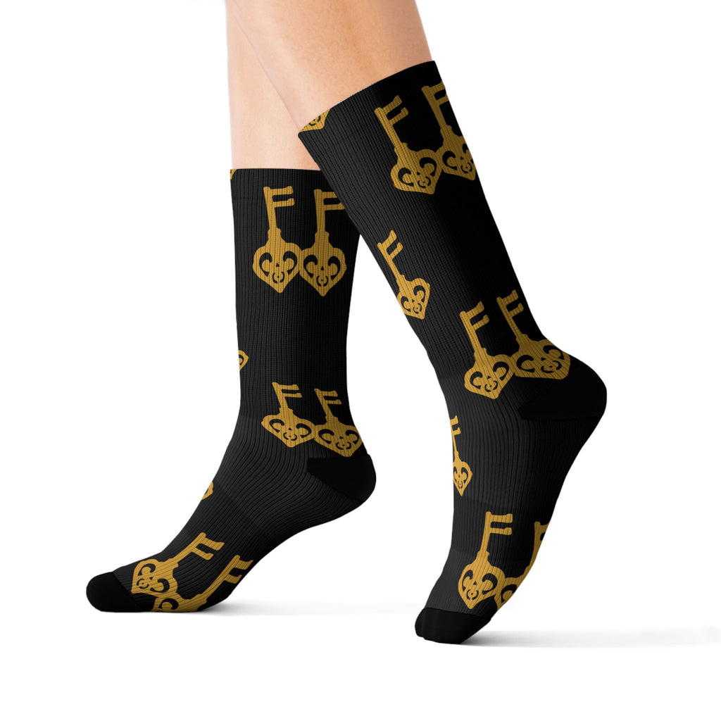 Black Golden Key Sublimation Socks — Black & Gold Vintage Key Crew Socks