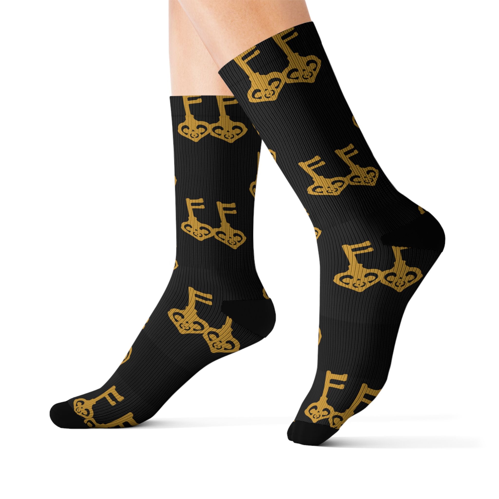 Black Golden Key Sublimation Socks — Black & Gold Vintage Key Crew Socks