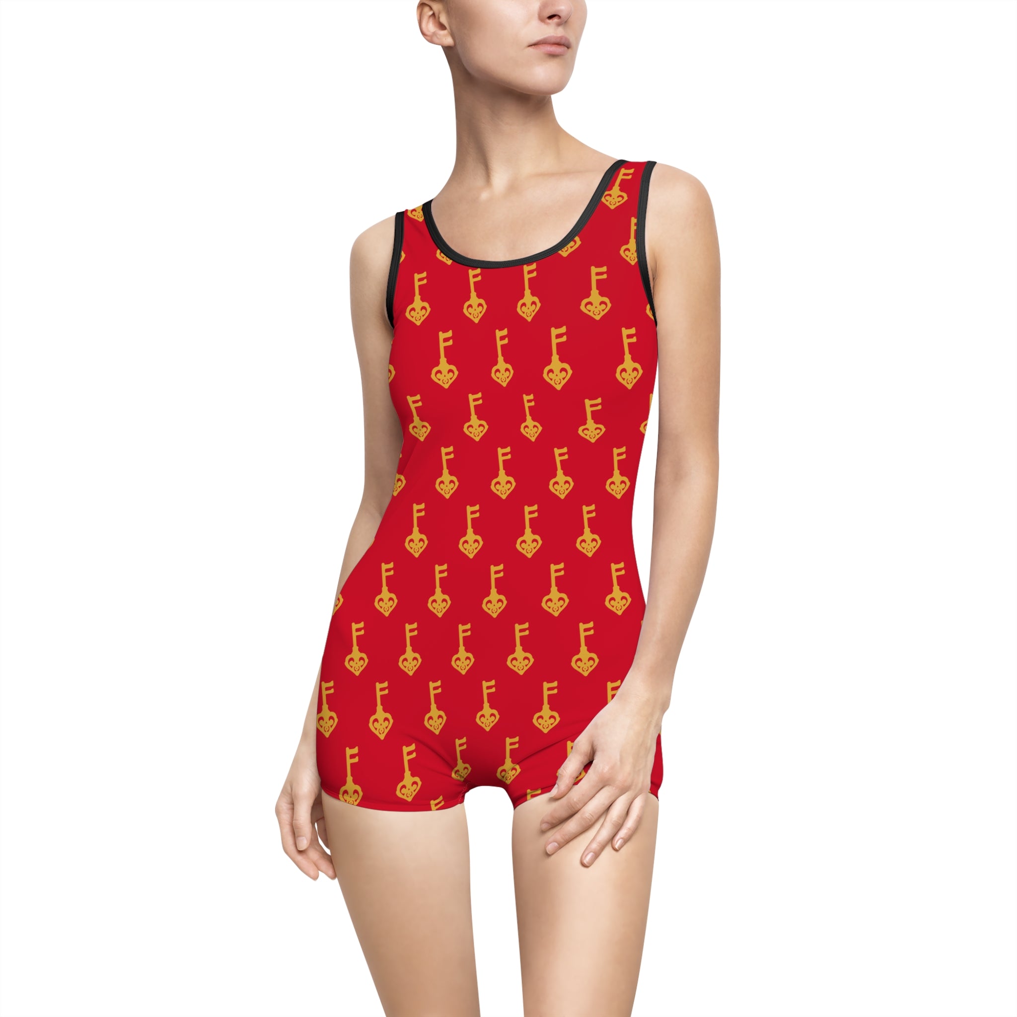 Vintage Key Pattern One-Piece Swimsuit — Ruby Red Retro Women's Swimwear