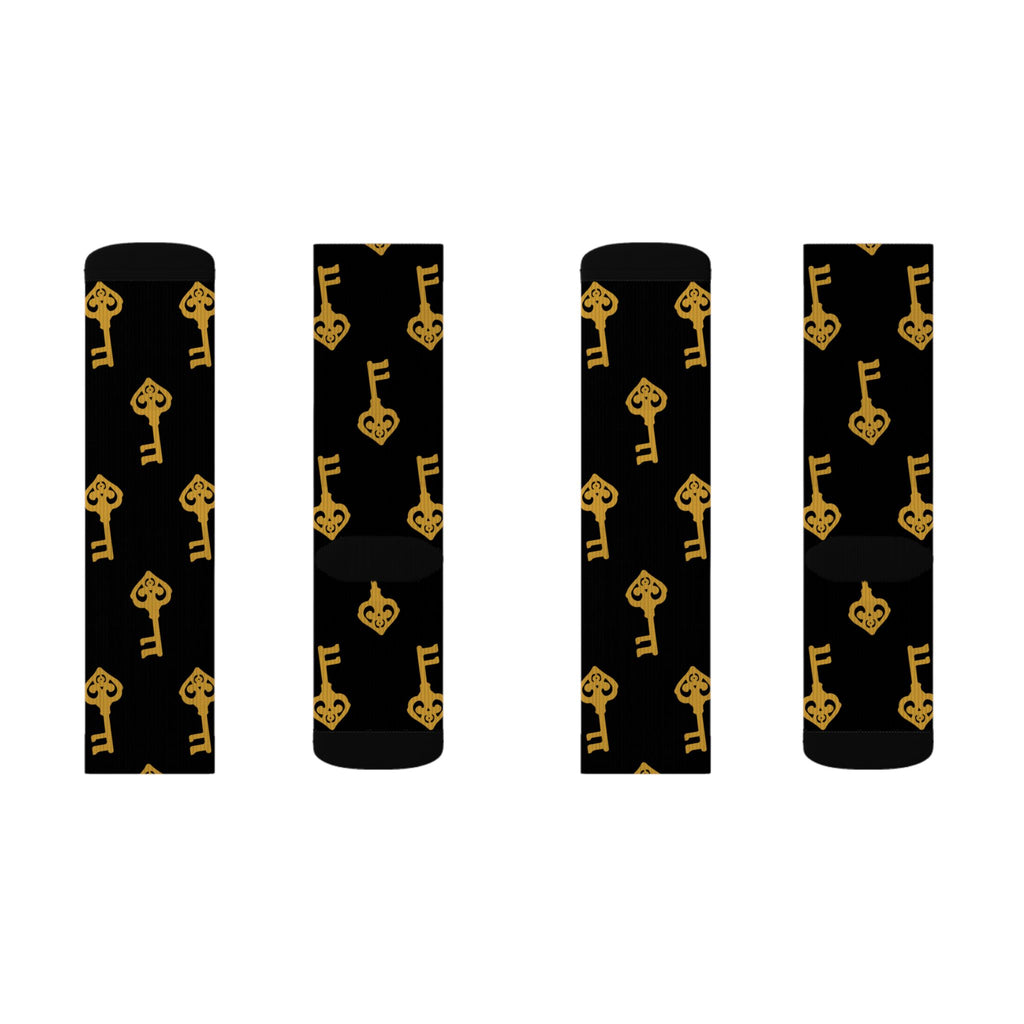 Black Golden Key Sublimation Socks — Black & Gold Vintage Key Crew Socks