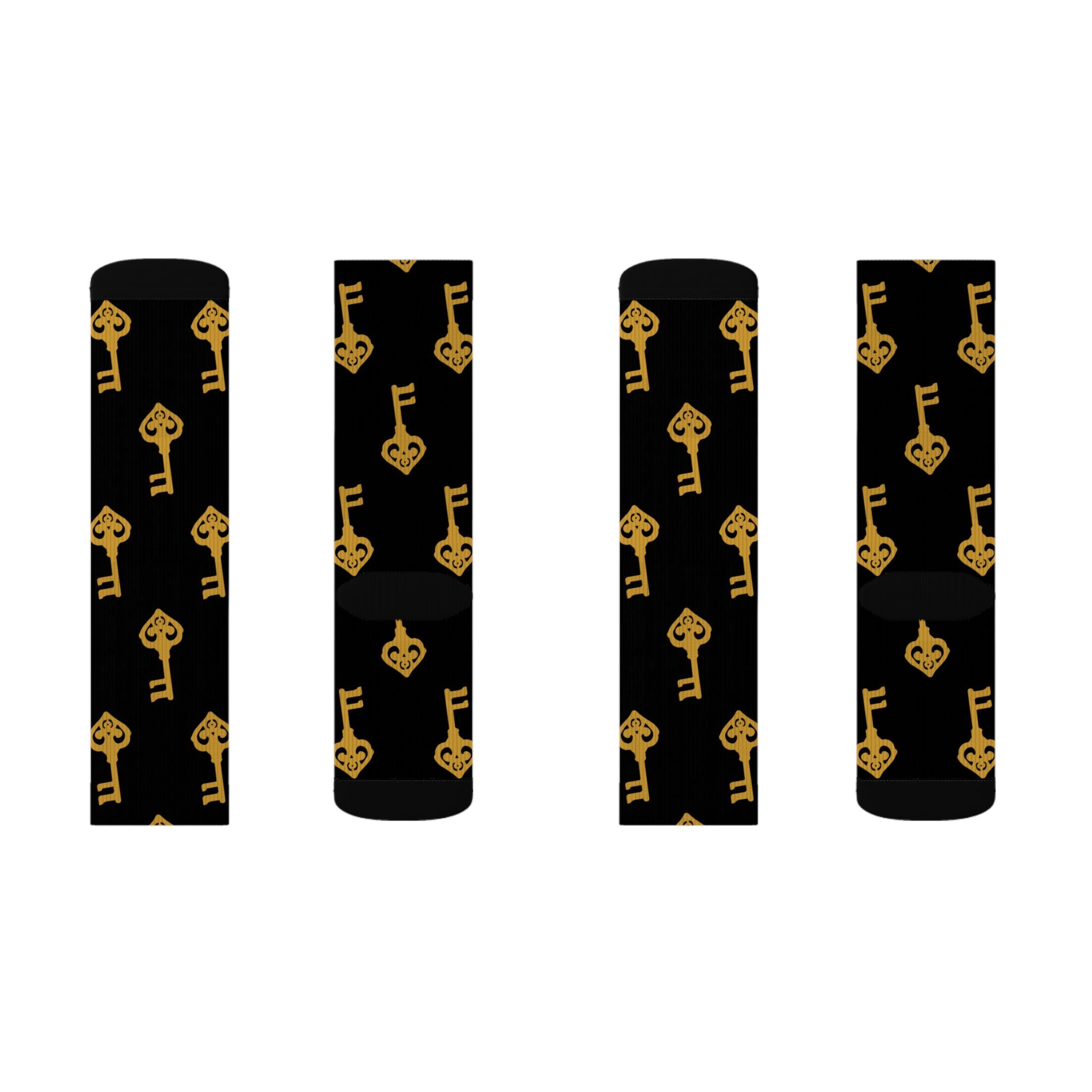 Black Golden Key Sublimation Socks — Black & Gold Vintage Key Crew Socks