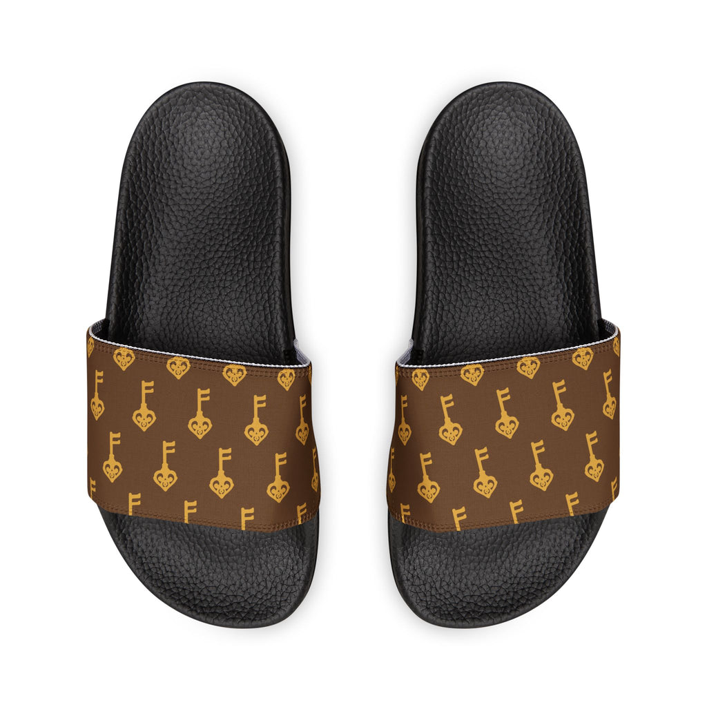 Brown Golden Key Slide Sandals — Removable Strap Casual Pool & Beach Slides