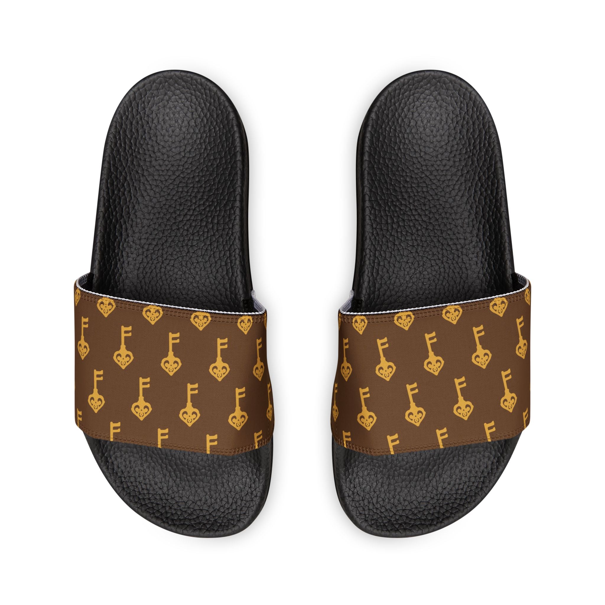 Brown Golden Key Slide Sandals — Removable Strap Casual Pool & Beach Slides