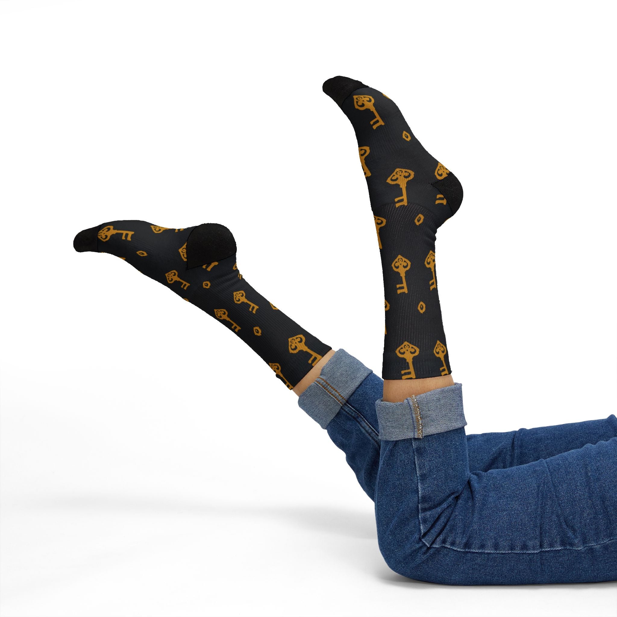 Black Golden Key Sublimation Socks — Black & Gold Vintage Key Crew Socks