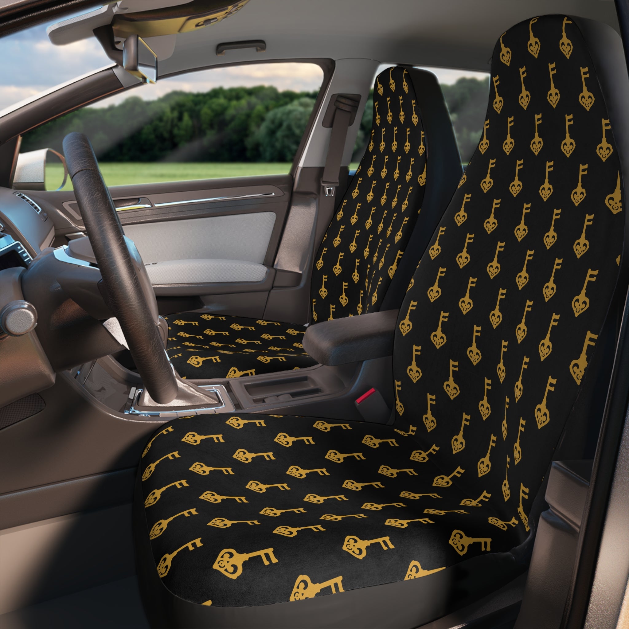 Black Golden Key Car Seat Covers — Polyester Front Seat Protector