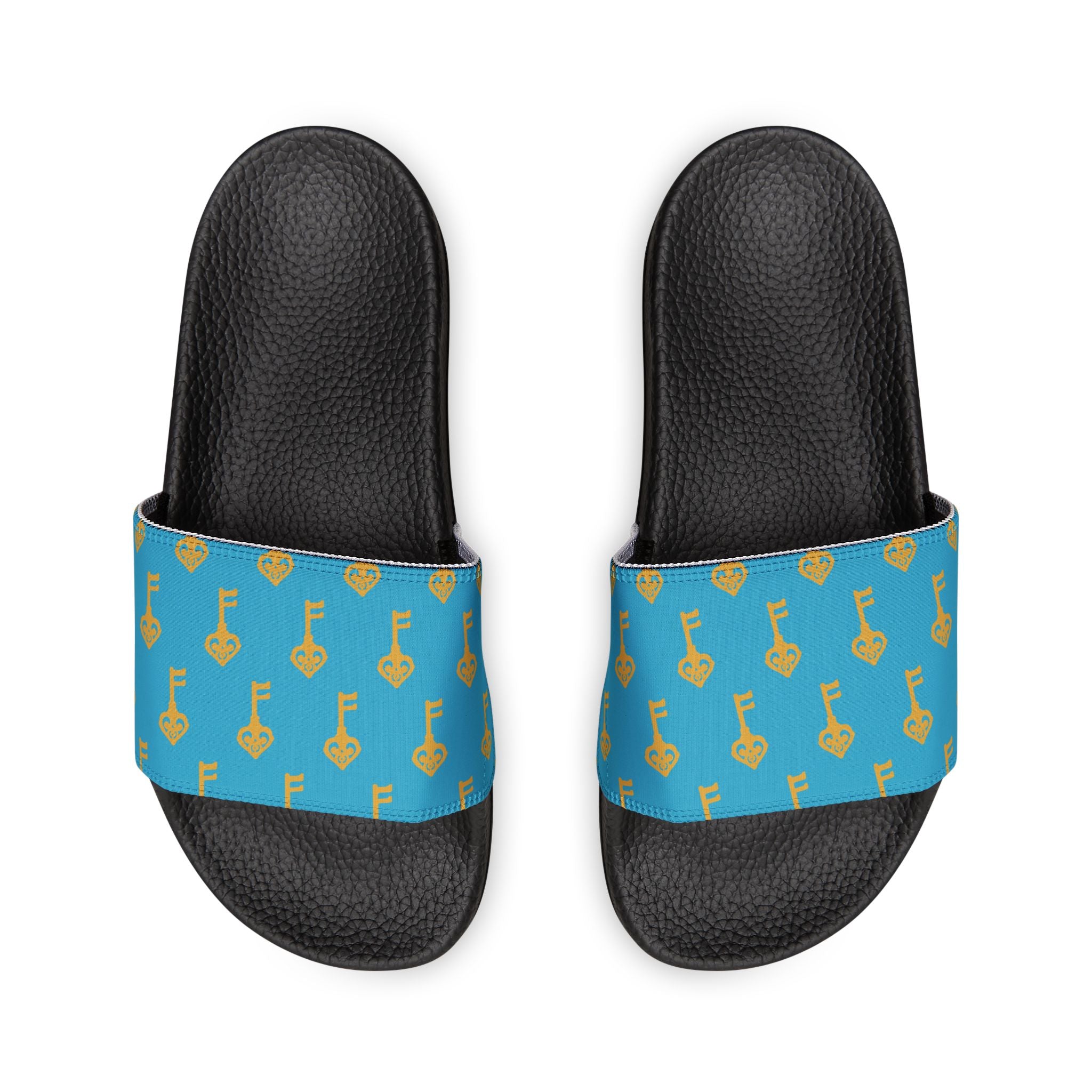 Turquoise Golden Key Slide Sandals — Removable Strap Women's Slides
