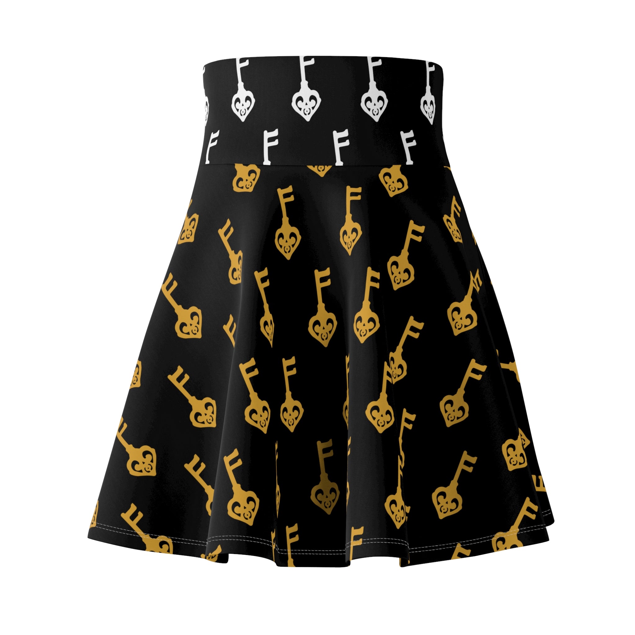 Black Golden Key+ White Key Skater Skirt — Black, White & Gold