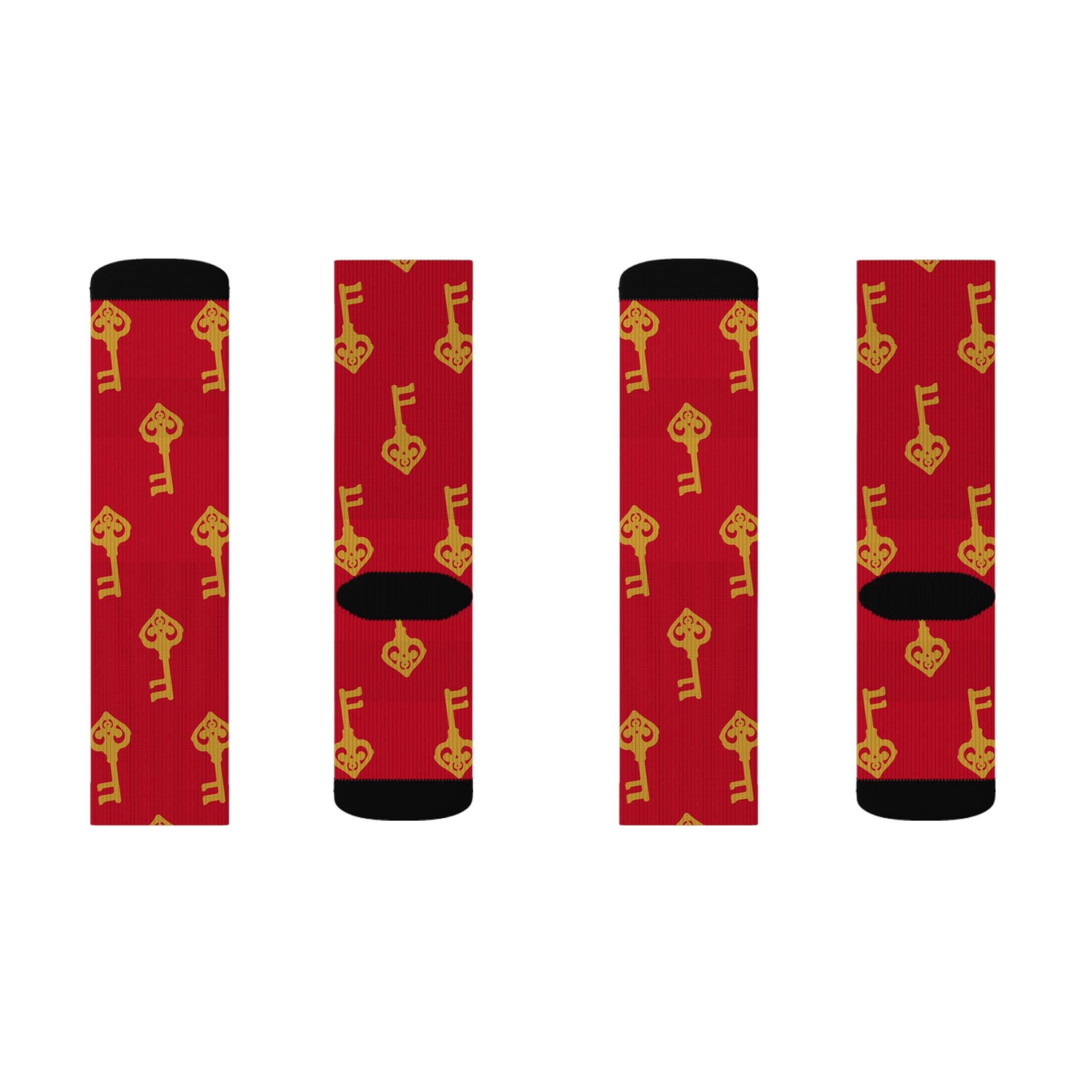 Ruby Red Golden Key Sublimation Socks —Ruby Red Novelty Crew Socks