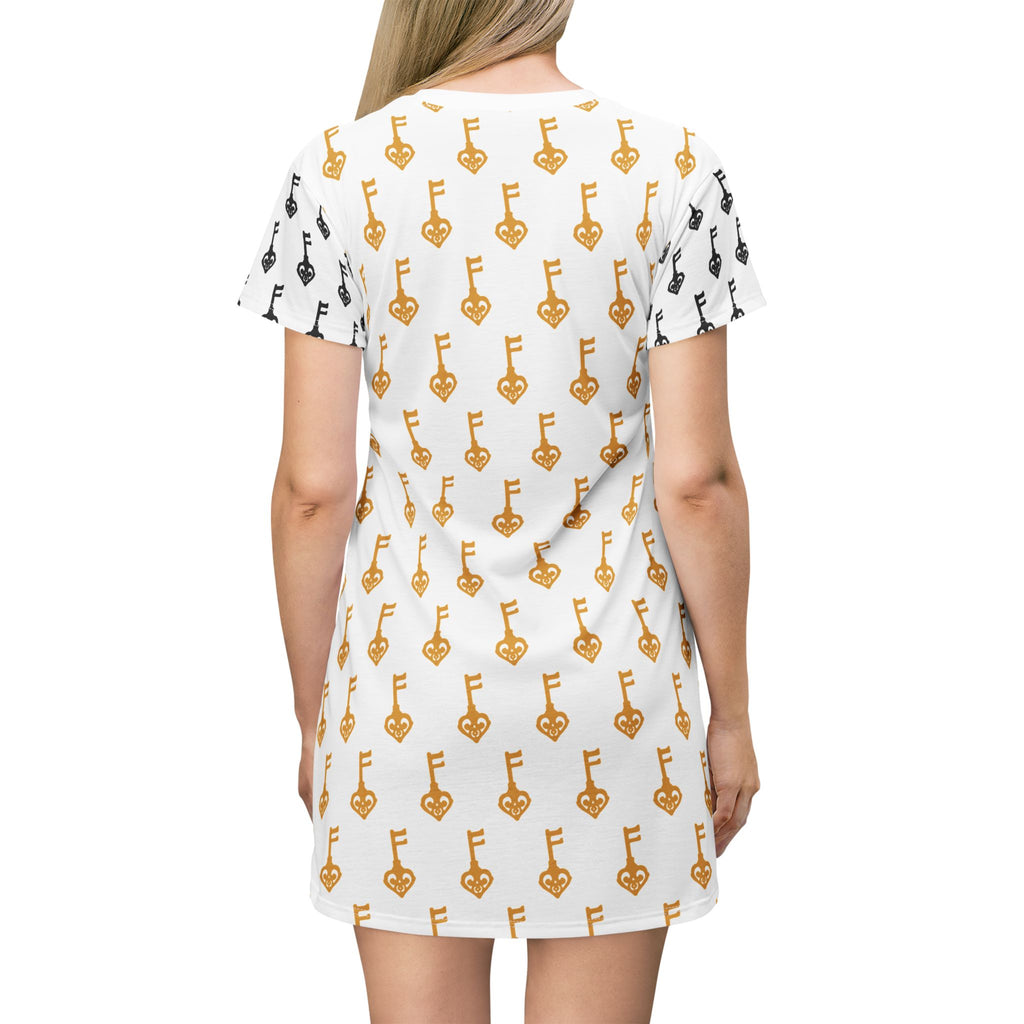White Golden Key & Black Key T-Shirt Dress — Casual Mini Dress