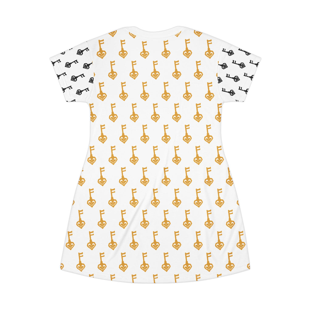 White Golden Key & Black Key T-Shirt Dress — Casual Mini Dress