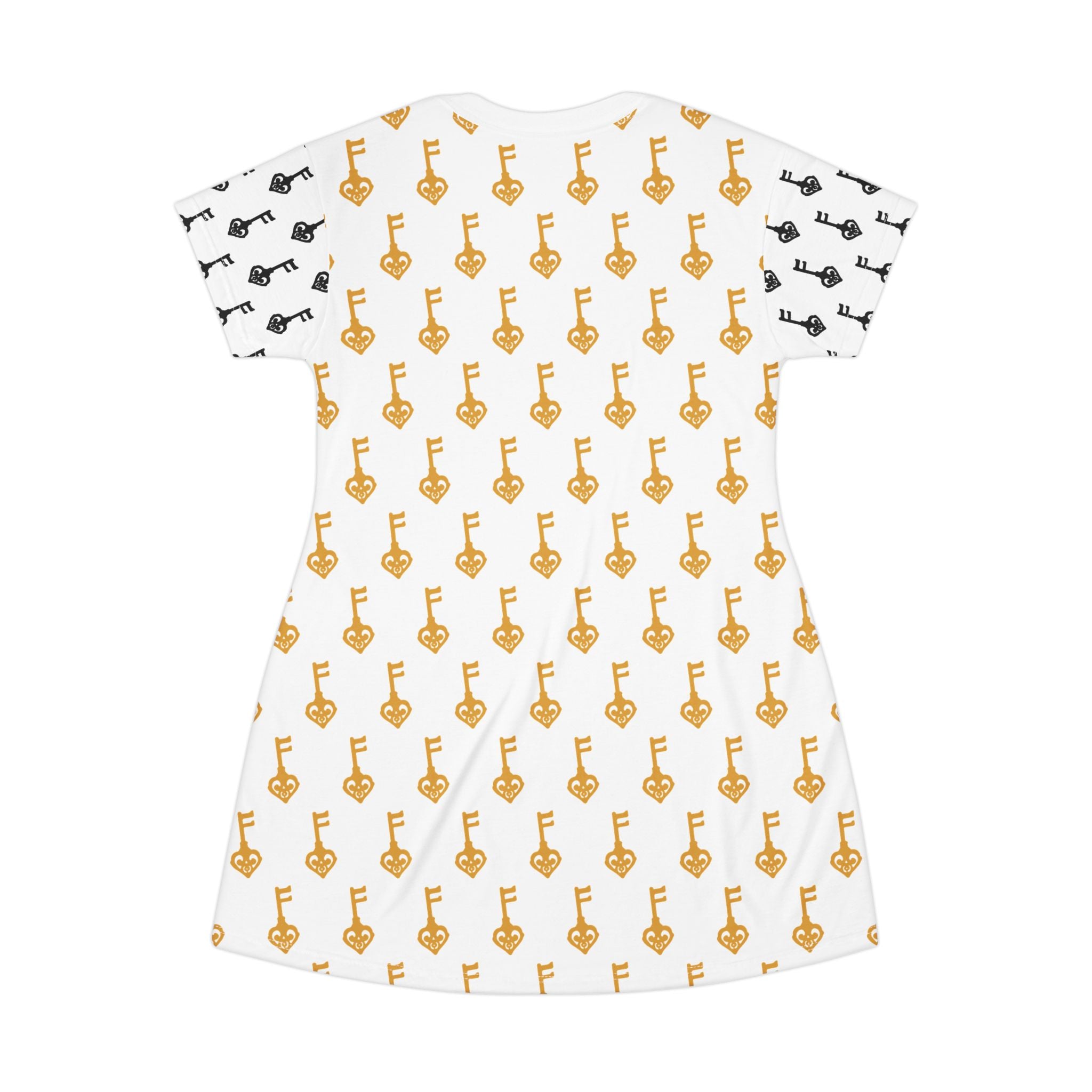 White Golden Key & Black Key T-Shirt Dress — Casual Mini Dress