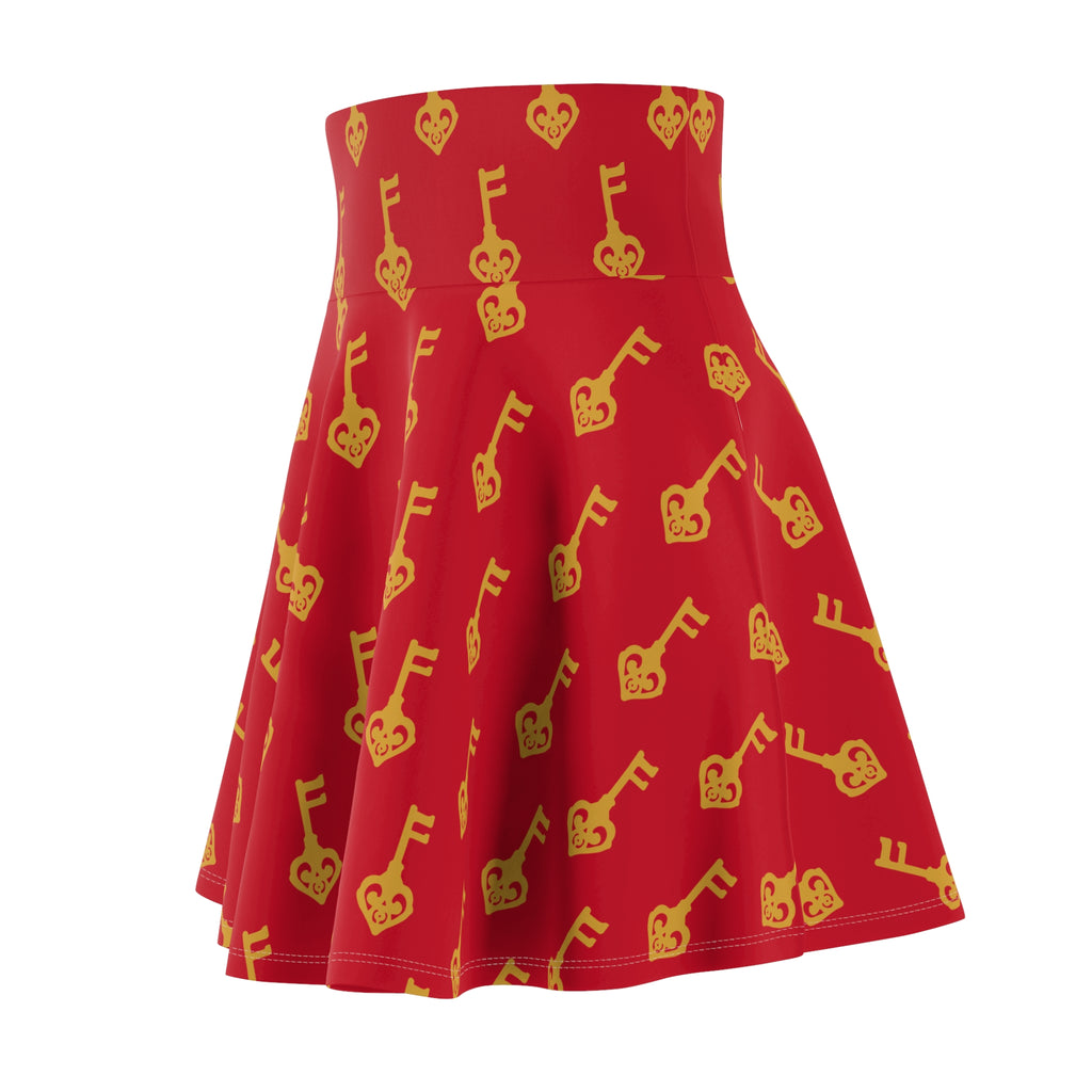 Ruby Red Golden Key Skater Skirt — Romantic Gold Key Print
